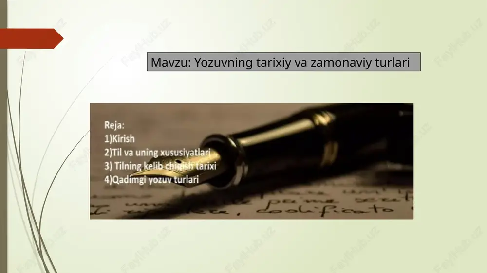 i keltirish mumkin. har bir iyeroglif so‘z yoki tushunchani ifodalagan. •bo‘g‘inli yozuv (sillabik) bu yozuv tizimi belgilari alohida bo‘g‘inlarni ifodalagan. mesopotamiyadagi akkad yozuvi yoki yaponiyadagi kana yozuv tizimi bo‘g‘inli yozuv turlariga misol bo‘ladi. •alifboli yozuv alifboli yozuvda harflar tilning fonemalarini, ya’ni tovushlarini ifodalaydi. dastlabki alifbolar finikiyaliklar tomonidan yaratilgan va hozirgi zamon yozuv tizimlariga asos bo‘lgan. zamonaviy yozuv turlari •latin alifbosi hozirgi dunyodagi eng keng tarqalgan yozuv tizimi bo‘lib, ko‘plab tillar bu alifbo asosida yoziladi. lotin alifbosi evropa, amerika, afrika va osiyo davlatlarida qo‘llaniladi. •kirill alifbosi kirill alifbosi asosan rus tili va boshqa slavyan tillari uchun qo‘llanadi. shuningdek, markaziy osiyo, jumladan, o‘zbekiston va qo‘shni davlatlarning ba’zi tillari ham kirill alifbosidan foydalanadi yoki foydalanib kelgan. •arab alifbosi arab yozuvi islom mamlakatlarida, ayniqsa, arab va fors tillarida keng tarqalgan. shuningdek, bu yozuv tizimi o‘tmishda o‘zbekistonda ham ishlatilgan va turli tillarga ta’sir qilgan. •hieroglifik yozuv hieroglifik yozuv asosan xitoy va yaponiya tillarida qo‘llanadi. hierogliflar …