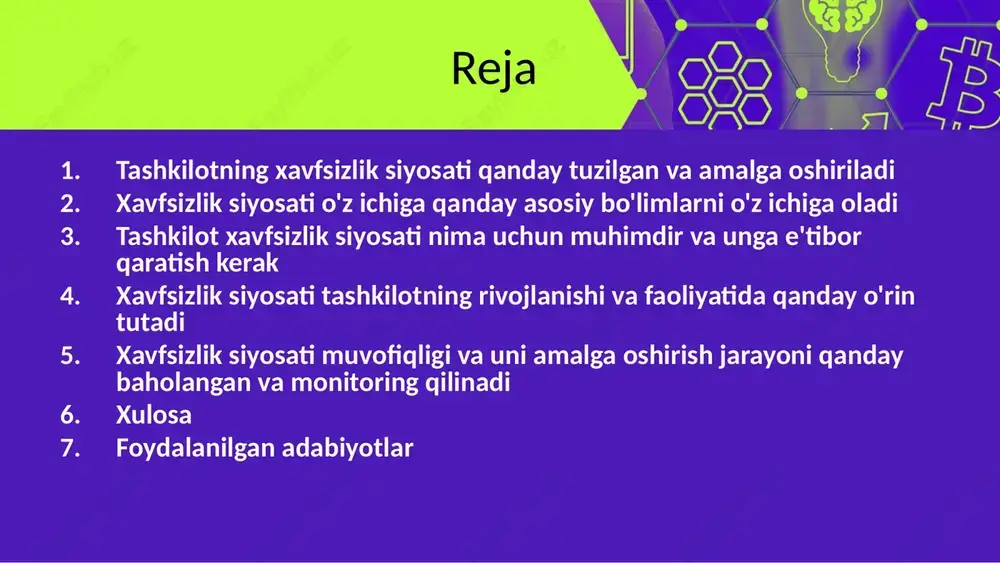 ing samaradorligini va to'g'ri ishlovchi holatini nazorat qilishi kerak. bu monitoring tizimini amalga oshirish, xavfsizlik holatini tekshirish, yangilanishlarni qabul qilish va tashkilotning o'z xavfsizlik siyosatini takomillashtirish uchun zarur bo'lgan tadbirlarni aniqlashga yordam beradi. taxminiy holatlar va testlar: xavfsizlik siyosati o'rganilganidan so'ng, qo'shimcha sinovlar va imtihonlar o'tkazish maqsadida tashkilot o'z xavfsizlik tuzilmasini sinab ko'radi. bu testlar yordamida, qat'iylik va xavfsizlikning o'z ichiga olgan muammolarni aniqlash va bartaraf qilishga imkoniyat yuzaga keladi. yangilanish va takomillashtirish: xavfsizlik siyosati doimiy jarayon bo'lib, yangilanishlar va takomillashtirishlar xavfsizlik siyosatini bugungi vaqtning talablari va yangilanuvchi xavfsizlik risklariga mos ravishda o'zgartirishga imkoniyat yaratadi. this presentation uses a free template provided by fppt.com www.free-power-point-templates.com xavfsizlik siyosati o'z ichiga qanday asosiy bo'limlarni o'z ichiga oladi risk identifikatsiyasi va baholash: xavfsizlik siyosati risklarni aniqlash va baholash bo'limini o'z ichiga oladi. bu bo'lim, tashkilotning yo'qolish, hukmronlik, tekshirish, ma'lumotlarga hujjat, shaxsiy ma'lumotlarga xavfsizlik kabi muammolarni aniqlaydi va ularga qarshi turli muddatlarda qanday harakatlar …