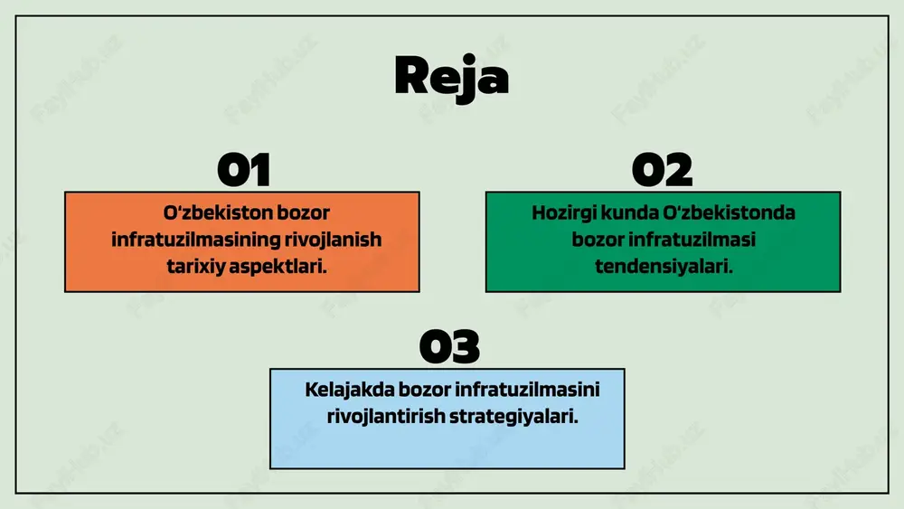 arkazi". bozor infratuzilmasining yangi tendensiyalari yangi texnologiyalar, masalan, sun'iy intellekt va raqamli platformalar, bozor infratuzilmasiga katta ta'sir ko'rsatmoqda. bu texnologiyalar orqali samaradorlik oshadi va iqtisodiy o'sishga hissa qo'shiladi. innovatsion yondashuvlar biznes jarayonlarini yaxshilash va bozor talablariga tezkor javob berishga yordam beradi. o‘zbekistonda bozor infratuzilmasining kelajakdagi yo‘nalishlari quyidagilardan iborat: 1) raqamli transformatsiya; 2) infratuzilma modernizatsiyasi; 3) innovatsion loyihalar. swot tahlil orqali kuchli tomonlar, zaif tomonlar, imkoniyatlar va tahdidlarni baholash orqali ushbu tendensiyalarni aniqlash mumkin. 1 2 kelajakda bozor infratuzilmasi rivojlantirish yo'nalishlari innovatsion va xalqaro tajribalar bozor infratuzilmasini rivojlantirish uchun asosiy yo'nalishlar: sanitariya, transport va axborot texnologiyalarini yangilash. shuningdek, raqobatni oshirishga qaratilgan strategiyalarni ishlab chiqish zarur. xalqaro tajribalarni o'rganish, global bozor talablariga moslashish uchun muhimdir. o'zbekistonda muvaffaqiyatli amaliyotlarni o'rganish va moslashtirish, iqtisodiyotni rivojlantirishga yordam beradi. innovatsion texnologiyalarni joriy etish, iqtisodiy o'sishni ta'minlash va samaradorlikni oshirishda muhim o'rin tutadi. bu, shuningdek, raqobatbardosh mahsulotlar yaratish imkonini beradi. bozor infratuzilmasini rivojlantirishning asosiy qadamlar bozor infratuzilmasini …