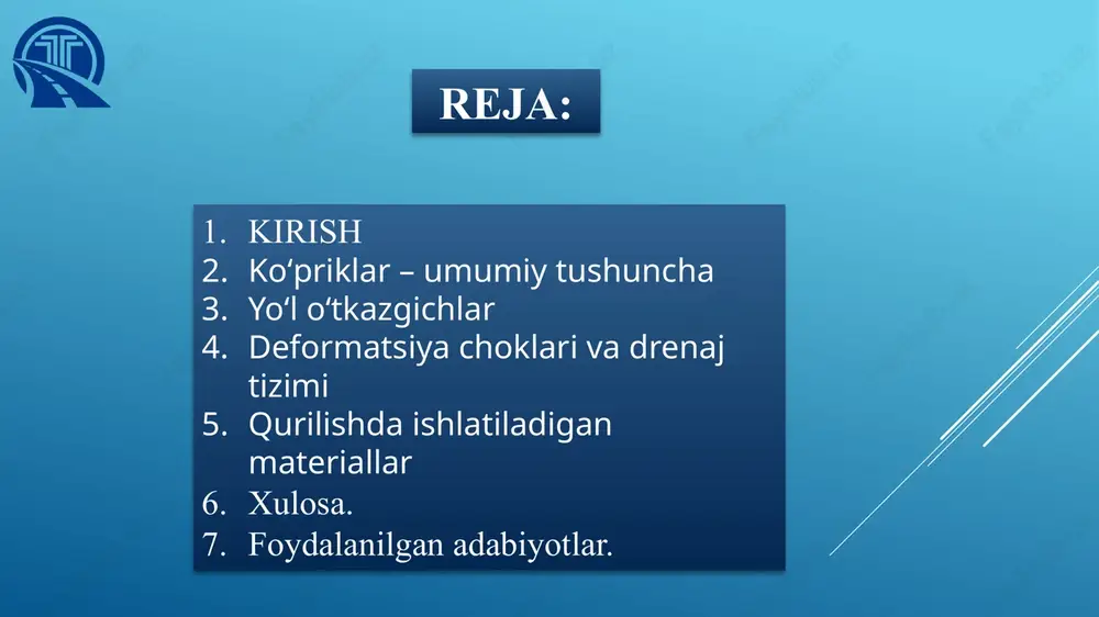 i koʻprik qurilishida muhim omillar hisoblanadi. koʻprik elementlari koʻpriklar muhim muhandislik inshootlaridan biri boʻlib, ularning tuzilmasi bir necha asosiy konstruktiv qismlardan tashkil topgan. har bir element muayyan funksiyani bajaradi va butun inshootning mustahkamligi, chidamliligi hamda uzoq muddat xizmat qilishi aynan shu elementlarning sifatiga bogʻliq. koʻprikning asosiy elementlari quyidagilardan iborat: tayanchlar (oporalar) – koʻprikning ogʻirligini va harakatlanayotgan transport vositalarining yukini yerga oʻtkazib beruvchi asosiy qismlardir. ular ikki turga boʻlinadi: asosiy (chekka) tayanchlar – koʻprikning boshlanish va tugash qismida joylashadi. oraliq tayanchlar – uzun koʻpriklarda oraliqda joylashib, ustki qismni qoʻllab-quvvatlaydi. ustki qurilma (yotiq qismi) – bu transport vositalari harakatlanadigan asosiy qatlam boʻlib, ko‘pincha metall yoki temir-betondan yasaladi. u tayanchlar orasiga joylashtiriladi va balka, plita, karkas elementlarini oʻz ichiga oladi. yoʻl qoplamasi – ustki qurilmaning ustiga yotqiziladigan qatlam boʻlib, transport vositalarining harakatini silliq va xavfsiz qiladigan sirtni tashkil etadi. bu asfalt, beton yoki boshqa mustahkam materiallardan tayyorlanadi. deformatsiya choklari – harorat oʻzgarishi yoki …