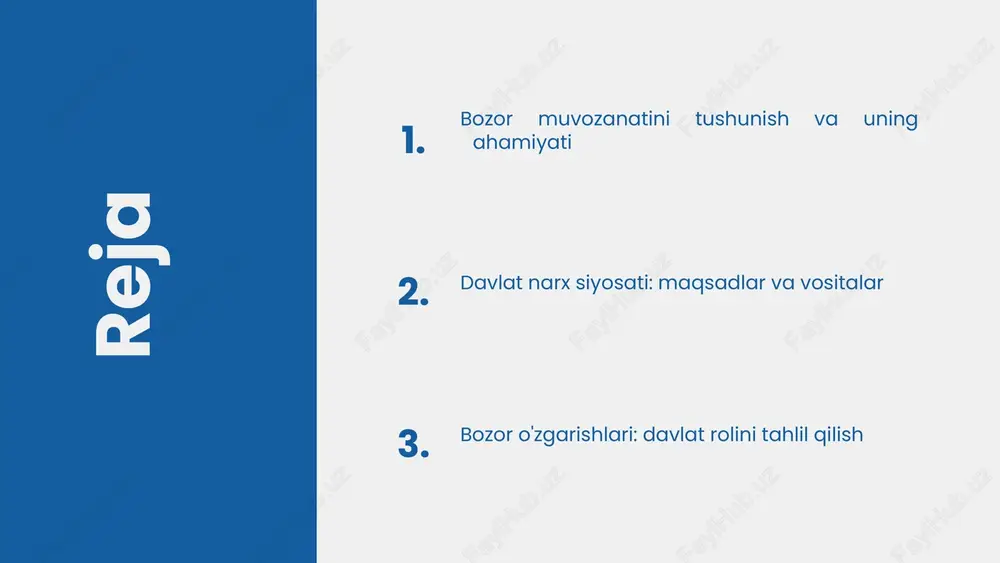 if past bo'lsa, narxlar oshadi, bu esa ishlab chiqaruvchilarning ko'proq mahsulot ishlab chiqarishiga undaydi. bozor muvozanatini saqlash usullari - narx siyosati: davlat yoki tashkilotlar tomonidan narxlarni nazorat qilish bozor muvozanatini saqlashda muhim rol o'ynaydi. bu, iste'molchilar va ishlab chiqaruvchilar o'rtasidagi munosabatlarni muvozanatlashishga yordam beradi. - subsidiyalar: davlat tomonidan qo'llab-quvvatlash, mahsulotlarning narxini pasaytiradi va iste'molchilarga arzon narxlarda mahsulotlar olish imkonini beradi, shu bilan birga ishlab chiqaruvchilarni rag'batlantiradi. - raqobatni kuchaytirish: bozorni erkinlashtirish orqali raqobatni kuchaytirish muvozanatni saqlashda muhimdir, chunki bu mahsulotlarning sifatini oshiradi va narxlarni pasaytiradi. bozor muvozanati va davlat siyosati davlatning narx siyosati bozor muvozanatini saqlashda muhim rol o'ynaydi. narxlarni nazorat qilish orqali talab va taklif o'rtasidagi muvozanatni ta'minlash mumkin. o'zbekistonda davlat narx siyosati bir necha yo'nalishlarda amalga oshiriladi: birinchidan, davlat tomonidan belgilangan narxlar orqali asosiy oziq-ovqat mahsulotlari va xizmatlar narxlarini nazorat qilish; ikkinchidan, subyektlarga subsidiyalar va imtiyozlar taqdim etish orqali ishlab chiqarishni rag'batlantirish. masalan, oziq-ovqat mahsulotlari narxlarini nazorat qilish …
