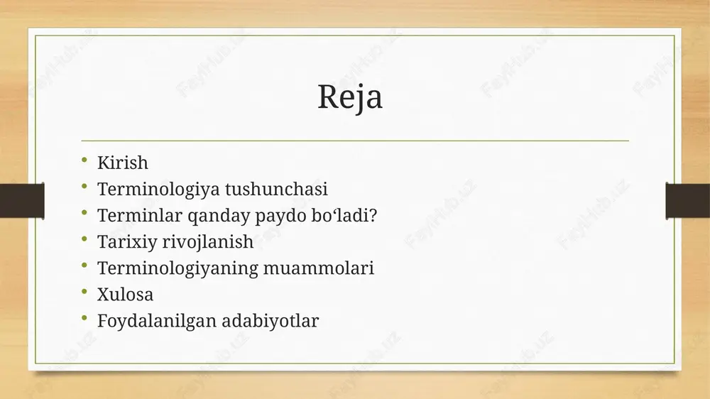 i. fan va texnikani rivojlantiradi maxsus atamalar yangi ilmiy kashfiyotlar, texnologiyalar va metodologiyalarni tasvirlashda muhim rol o‘ynaydi. ular ilm-fan va texnika sohalarining taraqqiyotiga xizmat qiladi. ijtimoiy muloqotni soddalashtiradi terminlar mutaxassislar va oddiy odamlar o‘rtasida samarali muloqotni ta’minlashga yordam beradi, ayniqsa, murakkab yoki maxsus bilimlar talab qiladigan mavzularda. terminlar qanday paydo bo‘ladi? yangi tushunchalar bilan birga yangi ilmiy, texnik yoki madaniy tushunchalar paydo bo‘lishi bilan yangi terminlar ham yaratiladi. bu holat, yangi bilimlarni ifodalash uchun zaruriyatdan kelib chiqadi. ilmiy kashfiyotlar orqali yangi ilmiy kashfiyotlar va ixtirolar o‘ziga xos terminlar yaratishni talab qiladi. masalan, yangi kimyoviy element kashf etilganda, unga nom beriladi va shu orqali yangi termin shakllanadi. xorijiy tillardan kirib kelish orqali xorijiy tillarda mavjud bo‘lgan terminlar o‘zbek tiliga tarjima qilinadi yoki to‘g‘ridan-to‘g‘ri qabul qilinadi. masalan, kompyuter texnologiyalari sohasida inglizcha terminlarning ko‘plab kirishlari mavjud. tarixiy rivojlanish qadimgi davrlar: terminlar oddiy so‘zlar asosida shakllangan. misol uchun, qadimgi yunonlar va rimliklar ilmiy va …