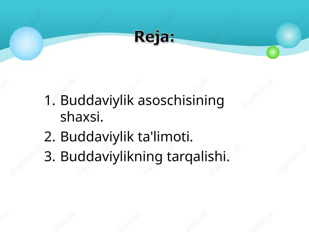 motlari asosida vujudga kelgan, amaliyot va nazariyotdan iborat diniy tizimdir. uning asosi «hayot - bu azob, uqubatdir» va «najot yo‘li mavjud» degan g‘oyadir. buddaning ilk da'vati mujassamlashgan 4 haqiqatda o‘z ifodasini topgan. birinchi haqiqat - «azob uqubat mavjuddir» har bir tirik jon boshidan kechiradi, shuning uchun har qanday hayot - qiynoq, azob- uqubatdir. ikkinchi haqiqat - «qiynoqlarning sabablari mavjuddir» inson moddiy narsalar yoki ma'naviy qadriyatlardan foydalanib, ularni haqiqiy va doimiy deb hisoblaydi va doimo ularga ega bo‘lishga intiladi. uchinchi haqiqat - «qiynoqlarni tugatish mumkin» yaxshi yoki yomon niyatlar, intilishlardan butunlay uzilish nirvana (ruhning oliy maqomga erishishi) holatiga to‘g‘ri keladi. to‘rtinchi haqiqat - « qiynoqlardan qutilish yo‘li mavjuddir» bu yo‘l - «sakkizta narsaga amal qilish, to‘g‘ri tushunish, to‘g‘ri harakat qilish, to‘g‘ri muomalada bo‘lish, fikrni to‘g‘ri jamlash» (meditatsiya). buddizm ta'limoti asosan uch qismdan iborat: meditatsiya ahloq donolik meditatsiya: to‘g‘ri tushunish; to‘g‘ri niyat qilish; to‘g‘ri o‘zini tutish; to‘g‘ri anglash; to‘g‘ri harakat qilish; to‘g‘ri …