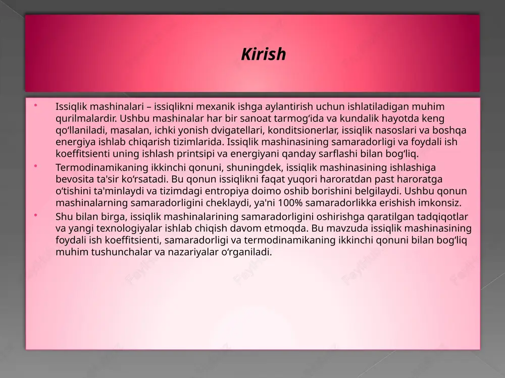 ar orasidagi issiqlik farqi natijasida mexanik ishga aylantiriladi. natijada, mashina sovuq manbaga issiqlikni beradi va ishni bajaradi.  issiqlik mashinalari turli sohalarda, jumladan, energiya ishlab chiqarishda, transportda va sanoat texnologiyalarida keng qo‘llaniladi. misollar sifatida ichki yonish dvigatellari, konditsionerlar, issiqlik nasoslari va turli turdagi generatorlarni keltirish mumkin. issiqlik mashinasining ishlash printsipi  issiqlik mashinasining ishlash printsipi termodinamik jarayonlar asosida quriladi. ularning asosiy maqsadi issiqlikni mexanik ishga aylantirishdir. ushbu jarayon, odatda, issiqlik manbasidan sovuq manbaga issiqlik oqimini uzatish va bu orada energiyaning bir qismini ishga aylantirishni o‘z ichiga oladi.  issiqlik mashinasining ishlash printsipi quyidagi bosqichlardan iborat:  issiqlik olish (qabul qilish): › issiqlik mashinasi issiq manbadan issiqlik oladi. masalan, ichki yonish dvigatelida yonilg‘i yondiriladi va hosil bo‘lgan issiqlik energiyasini olish uchun ishlatiladi. › bu jarayonda issiqlik energiyasi sovuq jismlarga (masalan, gaz yoki suyuqlik) o‘tkaziladi.  issiqlikni ishlov berish (ishlash): › issiqlikni qabul qilgan moddalar (masalan, gaz yoki suyuqlik) kengayib, tizimdagi mexanik …