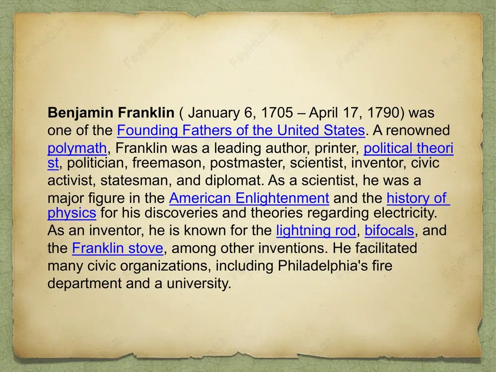 e worked in several printer shops around town, but he was not satisfied by the immediate prospects. after a few months, while working in a printing house, franklin was convinced by pennsylvania governor sir william keith to go to london, ostensibly to acquire the equipment necessary for establishing another newspaper in philadelphia. finding keith's promises of backing a newspaper empty, franklin worked as a typesetter in a printer's shop in what is now the church of st bartholomew-the-great in the smithfield area of london. following this, he returned to philadelphia in 1726 with the help of thomas denham, a merchant who employed franklin as clerk, shopkeeper, and bookkeeper in his business. newspaperman upon denham's death, franklin returned to his former trade. in 1728, franklin had set up a printing house in partnership with hugh meredith; the following year he became the publisher of a newspaper called the pennsylvania gazette. the …