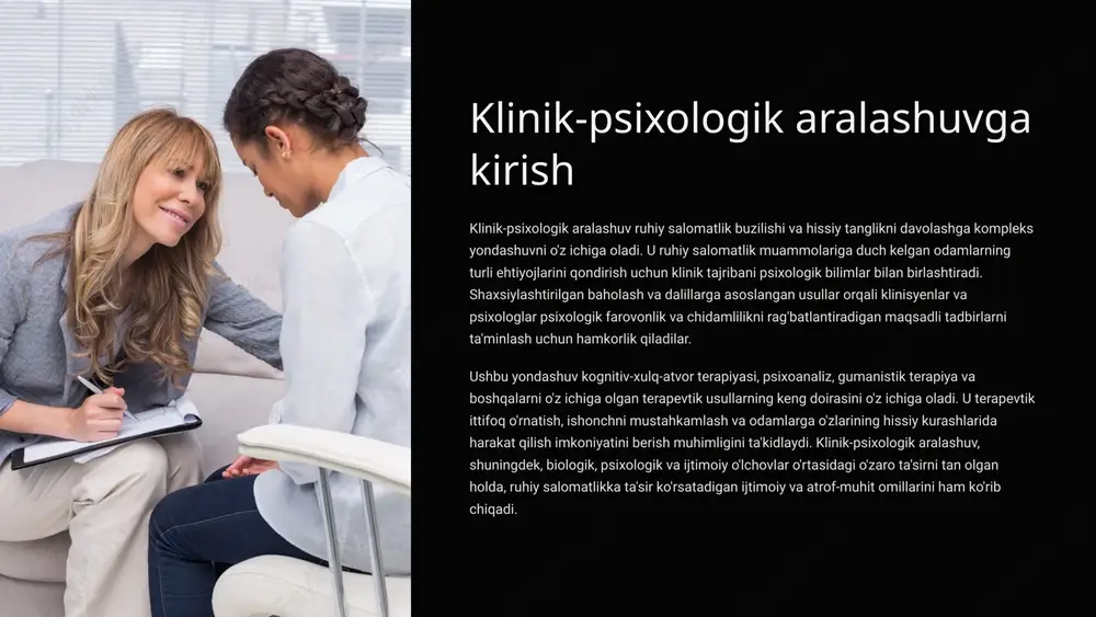 rayonlarni va ularning fikrlar, his-tuyg'ular va xatti-harakatlarga qanday ta'sir qilishini o'rganadi. bu ko'pincha hozirgi hissiy kurashlar va naqshlarni tushunish uchun bolalik tajribasi va o'tmishdagi munosabatlarni o'rganishni o'z ichiga oladi. gumanistik terapiya gumanistik terapiya, shuningdek, shaxsga yo'naltirilgan terapiya sifatida ham tanilgan, insonning shaxsiy o'sishi va o'zini o'zi anglash qobiliyatiga qaratilgan. u terapevtik munosabatlarda empatiya, so'zsiz ijobiy munosabat va samimiylikni ta'kidlaydi. 3 kognitiv-xulq-atvor terapiyasi (cbt) fokus: cbt - bu hissiy tartibga solish va umumiy aqliy farovonlikni yaxshilash uchun salbiy fikrlash shakllari va xatti-harakatlarini o'zgartirishga qaratilgan psixoterapiyaning bir turi. texnikalar: bu muayyan muammolarni hal qilish uchun kognitiv qayta qurish, xulq-atvorni faollashtirish va ta'sir qilish terapiyasi kabi turli usullarni o'z ichiga oladi. hamkorlik: cbt - bu terapevt va shaxs o'rtasidagi hamkorlik jarayoni bo'lib, ko'pincha uy vazifalari va maqsadlarni belgilashni o'z ichiga oladi. 4 dialektik xulq-atvor terapiyasi (dbt) dialektik xulq-atvor terapiyasi (dbt) kognitiv-xulq-atvor terapiyasining bir turi bo'lib, u odamlarga stressni engish, his-tuyg'ularni tartibga solish va …