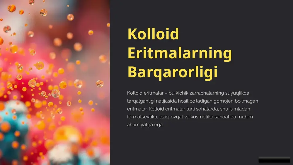 i. elektrostatik zaryad zarrachalarning yuzasida hosil boʻlgan zaryad. bu zaryad suyuqlikning ph qiymatiga, zarrachalarning tarkibiga va boshqa omillarga bogʻliq boʻlishi mumkin. itarish kuchi bir xil zaryadli zarrachalar bir-birini itaradi. bu itarish kuchi eritma ichida suspenziyani saqlashga yordam beradi. 6 sterik stabillik sterik stabillik zarrachalarning yuzasiga biriktirilgan polimer zanjirlari tufayli yuzaga keladi. polimer zanjirlari zarrachalarning yuzasini qoplagan va ularni bir-biriga yaqinlashishdan toʻsadigan polimer molekulalari. toʻqnashuvni oldini olish polimer zanjirlari zarrachalar bir-biriga yaqinlashganda toʻqnashuvni oldini oladi va ularning birlashishini oldini oladi. 7 elektrostatik va sterik stabillik birikmasi koʻpincha kolloid eritmalarni barqarorlashtirish uchun ikkala usul – elektrostatik va sterik stabillik – birikmasi qoʻllaniladi. kengroq himoya elektrostatik va sterik stabillik birikmasi zarrachalarni turli xil sharoitlarda, masalan, yuqori ion kuchliligi yoki turli ph qiymatlarida barqaror saqlashga yordam beradi. yaxshiroq barqarorlikni ta'minlaydi. 8 koagulyatsiya jarayoniga ta'sir etuvchi omillar koagulyatsiya – bu kolloid eritmadagi zarrachalarning birlashishi va katta agregatlar hosil qilish jarayoni. ion kuchliligi yuqori ion kuchliligi …