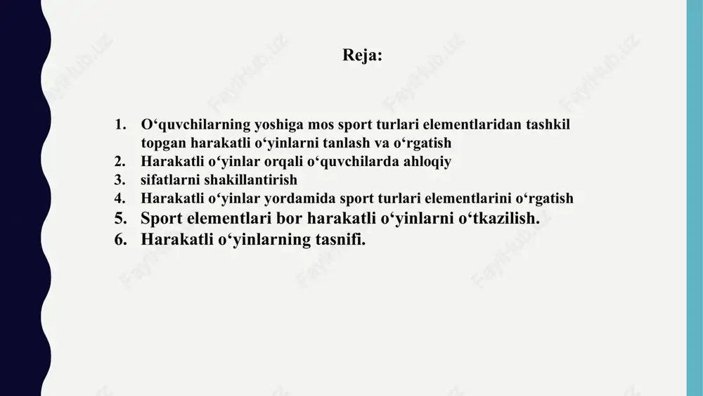 ajariladigan oddiy harakatlaridan tortib, sport turida (basketbol, gimnastika, kurash va shu kabilar) amalga oshiriladigan jismoniy faoliyatlarni o‘z ichiga oladi. o‘yin shartli qo‘yilgan maqsadga erishish uchun qaratilgan faoliyatdir. o‘yinda qandaydir moddiy boyliklar ishlab chiqilmaydi. oʻzbekiston xalqi deganda respublikada yashovchi yalpi aholi tushunilsa yoki oʻzbek xalq oʻyinlari deganda faqat oʻzbek xalqiga tegishli boʻlgan oʻyinlarni tushunmoq joizdir. bunda milliy oʻzbek oʻyinlarining umumiy miqdori, bilimdonlarning fikricha 3-5 mingdan kam emas. “uloq” (koʻpkari) oʻyini chorvadorlar orasida keng tarqalgan ekan. chorvadorlar orasida “koʻpkari” (uloq), “joʻn koptok”, “chim koptok”, “podachi” kabi oʻyinlar oʻynalgan (koʻpgina sharq xalqlarida, jumladan, oʻzbek chorvadorlari orasida keng tarqalgan. “chim koptok” oʻyini asosida hozirgi vaqtda butun dunyoda oʻynalayotgan “chim ustida xokkey” sport turi vujudga kelgan). harakatli oʻyinlar orqali o‘quvchilarda ahloqiy sifatlarni shakllantirish qadimiy tarbiya tizimidan boshlab harakatli oʻyinlardan shaxsni har tomonlama jismoniy va maʼnaviy shakllantirish vositasi sifatida keng foydalanilgan. muqaddam pedagogik fikr namoyondalari oʻyinning tarbiyaviy ahamiyatini gʻoyat ziyraklik bilan fahmlashgan. ular har qanday vaziyatga …