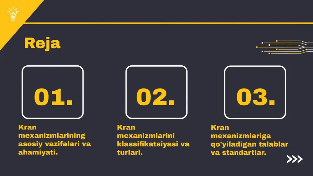 di: ko'taruvchi, o'ralgan va mobil kranlar. har bir tur o'ziga xos ishlash printsipiga ega. masalan, ko'taruvchi kranlar og'ir yuklarni vertikal ravishda ko'tarish uchun mo'ljallangan, o'ralgan kranlar esa keng maydonlarda harakatlanadi. kran mexanizmlarining asosiy turlari kran mexanizmlarining afzalliklari va kamchiliklari kran mexanizmlarining ishlash printsipi kran mexanizmlarining ishlash printsipi mexanik tuzilish va energiya manbalarining integratsiyasiga asoslanadi. ular yuklarni ko'tarish va tashish uchun mo'ljallangan. kranlar elektr energiyasi yoki gidravlik tizimlardan foydalanadi. ish jarayonining samaradorligini oshirish uchun mexanizmlarni muntazam nazorat qilish zarur. har bir bo'lakning o'zaro bog'liqligi va funksional integratsiyasi muhim ahamiyatga ega. zamonaviy texnologiyalar yuqori xarajatlar raqobatbardosh imkoniyatlar bozor talablarining o'zgarishi zamonaviy texnologiyalar kran mexanizmlarining samaradorligini oshiradi va ularni qulayroq qiladi. intellektual boshqaruv tizimlari va avtomatlashtirish kranlarning ishini tezlashtiradi. yuqori xarajatlar innovatsion yechimlarni amalga oshirishni qiyinlashtiradi, bu kichik kompaniyalar uchun muammo bo'lishi mumkin, yangi texnologiyalarni joriy etishda qiyinchiliklar tug'diradi. innovatsion yechimlar kran mexanizmlarining raqobatbardoshligini oshirib, yangi bozorlarni egallashi mumkin. ekologik texnologiyalarni joriy etish, …