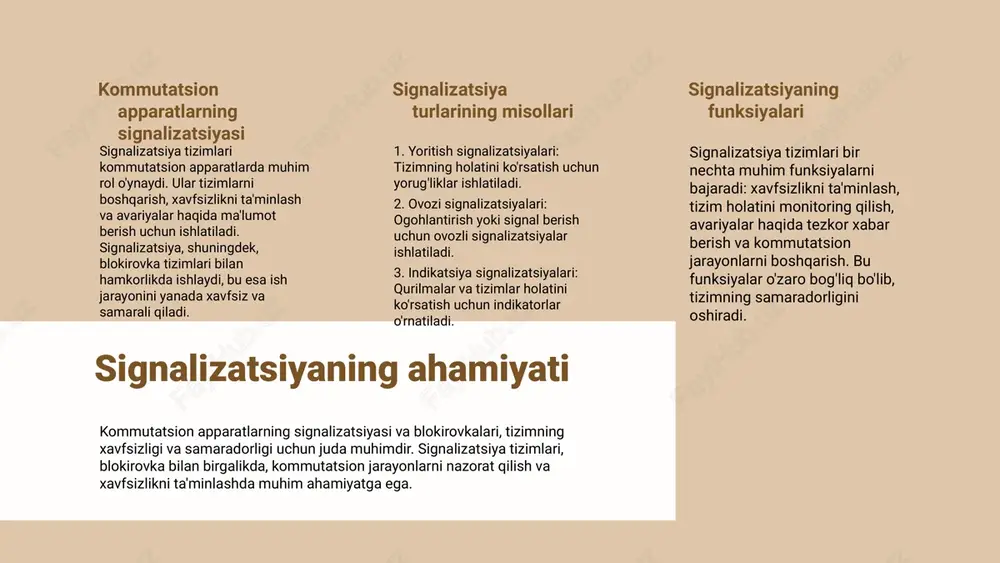 a tezkor va aniq ma'lumotlarni taqdim etadi. bu operatorlarga tezkor qarorlar qabul qilish imkonini beradi va tizimning samaradorligini oshiradi. blokirovka funksiyasi blokirovka funksiyasi, tizimda yuz berayotgan muammolar yoki xavf-xatar holatlarida avtomatik ravishda muayyan operatsiyalarni to'xtatadi. bu funksiya xavfsizlikni ta'minlashda muhim rol o'ynaydi. asosiy funksiyalari signalizatsiya va blokirovka funksiyalari, kommutatsion apparatlarning samarali ishlashini ta'minlaydi. xatoliklarni aniqlash, operativ xabarlar yetkazish va blokirovka funksiyalari birgalikda tizimning ishonchliligini oshiradi. signalizatsiyalarning turlari signalizatsiyalarni tasniflash signalizatsiyalar asosan ikki kategoriya bo'yicha tasniflanadi: mexanik va elektron. mexanik signalizatsiyalar mexanik qurilmalar orqali ishlaydi, masalan, mexanik klapanlar va signallar. elektron signalizatsiyalar esa elektr energiyasi yordamida ishlaydi va tezkor va aniq ma'lumot uzatish imkoniyatini taqdim etadi. afzalliklar va kamchiliklar mexanik signalizatsiyalarning afzalliklari: oddiy tuzilishi va tezkor ish faoliyati. kamchiliklari: qiyinchiliklar va ishonchlilik masalalari. elektron signalizatsiyalarning afzalliklari: yuqori aniqlik, tezkor va masofadan boshqarish imkoniyati. kamchiliklari: narxi yuqori va texnik xizmat ko'rsatishni talab qiladi. photo by daniel korpai on unsplash photo by lala …