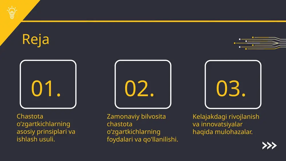 chlarni o'z ichiga oladi. birinchidan, kiruvchi energiya manbasi chastota oʻzgartkichiga keladi va u erda ma'lum bir jarayon orqali o'zgaradi. ikkinchidan, chastota oʻzgartkichining ichki tizimlari energiyani o'zgarishlar uchun moslashtiradi, bu esa chiqish chastotasini o'zgartirishga olib keladi. ushbu jarayon davomida, texnik muammolar, masalan, yuqori ish harorati yoki tebranishlar paydo bo'lishi mumkin. bular, chastota oʻzgartkichining samaradorligini pasaytirishi va uzluksiz ishlashini ta'minlash uchun muhim hisoblanadi. photo by charles devaux on unsplash chastota oʻzgartkichlari va energiya samaradorligi zamonaviy chastota oʻzgartkichlari energiya samaradorligini oshirishda muhim rol o‘ynaydi. ular energiya sarfini kamaytirish, tizimlarni optimallashtirish va resurslardan samarali foydalanish imkonini beradi. chastota oʻzgartkichlarining samaradorligini oshirish uchun quyidagi usullarni qo‘llash mumkin: 1) yuqori samarali komponentlar, 2) avtomatlashtirish tizimlari, 3) energiya monitoringi va nazorati, 4) muntazam texnik xizmat ko‘rsatish. energiya samaradorligi iqtisodiy foyda keltiradi, energiya xarajatlarini kamaytiradi va atrof-muhitga ijobiy ta’sir ko‘rsatadi. bu investitsiyalarni tezroq qoplashga va barqaror rivojlanishga yordam beradi. chastota oʻzgartkichlari va qo'llanilishi zamonaviy chastota oʻzgartkichlari: - sanoatda …