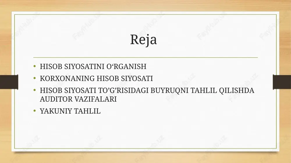 ro’yxati; hujjatlar aylanish reja-grafigi va hisob axborotlariga ishlov berish texnologiyalari; ayrim ko’rsatkichlarni hisobga olish bo’yicha tasdiqlangan uslubiyot va tekshiriladigan korxona hisob siyosati to’g’risidagi buyruqqa boshqa ilovalar; quyidagi masalalarni bayon qiladigan (ochib beradigan) tushuntirish xati. hisob siyosatining mazmunini ifodalaydigan ma’lumot manbalari quyidagilardan iborat: korxonaning hisob siyosatiga taalluqli ma’lumotlar: hisob siyosatini shakllantirishda tanlab olinadigan, o’tgan yilgidan farq qiladigan buxgalteriya hisobini yuritish usullari; hisobot yilida yoki hisobot yilidan keyingi davrlarda buxgalteriya hisobotlaridan foydalanuvchilarning baholash va qaror qabul qilishiga sezilarli darajada ta’sir ko’rsatadigan hisob siyosatidagi o’zgarishlar; hisobot sanasidan keyin sodir bo’lgan hodisalar va xo’jalik faoliyatining shartli faktlari, muomalalarni to’xtatish, bitta aktsiyaga yoki 1 so’mlik paytga to’g’ri keladigan foyda. ushbu ma’lumot manbalarini o’rganish va tahlil qilish natijasida mijoz-korxona ma’muriyatining hisob siyosatini shakllantirish hamda uni bajarishga yuzaki yondashmayotganligini aniqlash (baholash) zarur. hisob siyosati to’g’risidagi buyruq (farmoyish) va uning bilan bog’liq bo’lgan, o’z vaqtida chiqarilgan va to’g’ri rasmiylashtirilgan farmoyish hujjatlarining mavjudligi - hisob siyosatidan korxonani boshqarish mexanizmi …