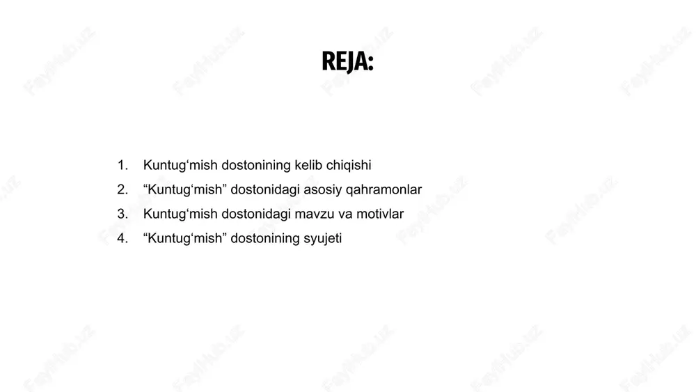 gan. 03 qolaversa, “kuntug‘mish” dostonida sadoqat va do‘stlik mavzui tadqiq etilib, bosh qahramonning hamrohlar bilan uzluksiz rishtalari namoyon bo‘ladi. dostonda tabiat va g‘ayritabiiylik motivlari ham o‘zida mujassamlashgan bo‘lib, hikoyaga chuqurlik va qiziqish uyg‘otadi. 02 “kuntug‘mish” dostonining syujeti “kuntug‘mish” dostoni sirli o‘lkada qadimiy mardlik, or-nomus va muhabbat haqidagi ertakdir. unda kuntug‘mish ismli yosh jangchining yovuz kuchlar bilan jang qilayotgani, xalqini qutqarishi haqida hikoya qilinadi. kuntug‘mish afsonaviy mavjudotlar va kuchli dushmanlar bilan to‘qnash kelgani uchun syujet qiziqarli burilishlar va burilishlarga boy. yo'lda u kutilmagan sheriklar bilan ittifoq tuzadi va o'zining haqiqiy taqdirini kashf etadi. “kuntug‘mish” dostoni o‘zining ta’sirchan hikoyasi va boy xarakteri bilan tomoshabinlarni mardlik, fidoyilik, ezgulikning yovuzlik ustidan g‘alabasi haqidagi abadiy mavzulari bilan o‘ziga rom etadi. “kuntug‘mish” dostoni inson hayoti va hissiyotlarining turli qirralarini ifodalovchi kuchli timsollar bilan to‘ldirilgan. “kuntug‘mish” dostonidagi timsol betartiblik va vayronagarchilikni ifodalovchi shafqatsiz ajdahodan tortib, kuch va erkinlik timsoli bo‘lgan olijanob burgutgacha dostondagi har bir xarakter va …