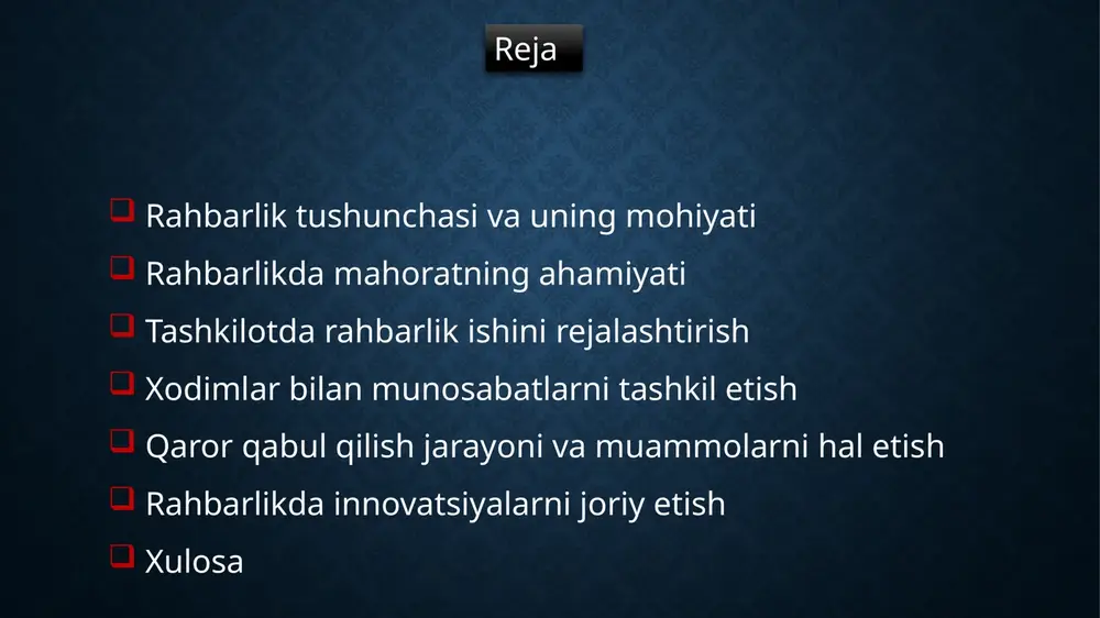 a, rahbarning muvaffaqiyati uning faqatgina bilimlari va tajribasiga emas, balki rahbarlik mahoratiga ham bog‘liq ekanligi qayd etiladi. rahbarlik mahorati rahbarning vazifalarni samarali amalga oshirishini ta'minlaydi va jamoa bilan ishlashda muhim ahamiyat kasb etadi. rahbarlik mahorati nima? rahbarlik mahorati – bu tashkilotni samarali boshqarish, xodimlar bilan muvaffaqiyatli muloqot qilish, ularni motivatsiya qilish va umumiy maqsadga yo‘naltirish uchun zarur bo‘lgan ko‘nikma va qobiliyatlarning yig‘indisi. rahbar o‘z ishida quyidagi muhim mahoratlarga ega bo‘lishi kerak: odamlar bilan ishlash mahorati rahbar jamoa a'zolarining turli ehtiyojlarini tushunishi, ularga mos ravishda yondashishi lozim. bu xodimlarni motivatsiya qilish, muammolarni hal qilish va ularni umumiy maqsadga yo‘naltirishda asosiy ahamiyatga ega. samarali muloqot va tinglash qobiliyatlari orqali jamoa ichidagi ijobiy munosabatlarni shakllantiradi. rahbarlikda mahoratning ahamiyati strategik fikrlash va rejalashtirish mahorati mahoratli rahbar uzoq muddatli maqsadlarni aniq belgilay olishi va tashkilotni bu maqsadga olib boradigan strategiyalarni ishlab chiqishi kerak. qaror qabul qilish mahorati rahbarlikda qaror qabul qilish — muhim bir qobiliyat. …