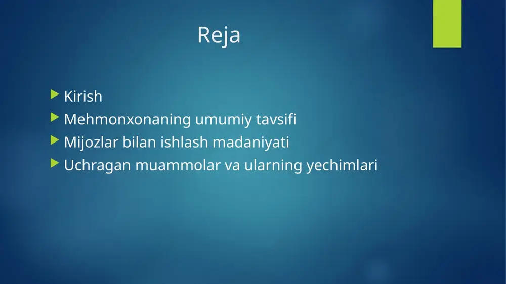 ilardan bo‘lsa-da, ancha yaxshi tashkil etilgan. rivojlanish bosqichlarida xizmat ko‘rsatish sifati va mijozlar ehtiyojiga qarab o‘zgarishlar bo‘lgan. masalan, dastlab faqat oddiy xonalar mavjud bo‘lgan bo‘lsa, hozirda oilaviy xonalar, restoran, kutish zali, wi-fi, transfer kabi xizmatlar ham yo‘lga qo‘yilgan. bu ularning rivojlanishga intilayotganidan dalolat beradi. ichki tuzilma va xizmat turlari “the royal” o.k. mehmonxonasining ichki tuzilmasi bir nechta bo‘limlardan iborat: 🔹 resepsion (qabulxona) – mehmonlarni kutib olish va ro‘yxatdan o‘tkazish 🔹 xonalarni tozalash xizmati – gigiyena va tozalikni ta’minlash 🔹 restoran va oshxona bo‘limi – ovqatlanish xizmatlarini ko‘rsatadi 🔹 xavfsizlik bo‘limi – mehmonlar xavfsizligini nazorat qiladi 🔹 ma’muriyat va buxgalteriya – boshqaruv va hujjatlar yuritilishi bilan shug‘ullanadi mehmonxonada quyidagi xizmat turlari mavjud: ✅ xonalarni ijaraga berish ✅ nonushta, tushlik va kechki ovqat ✅ wi-fi va televizor xizmatlari ✅ avtoturargoh, taksi chaqirish, chaqiriqqa javob berish boshqaruv tizimi va bo‘limlar faoliyati “the royal” o.k. mehmonxonasida boshqaruv tizimi aniq va tartibli tashkil etilgan. har …