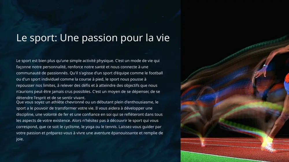 confiance en soi et l'estime de soi, en plus de procurer un sentiment de bien-être général. 3 socialisation les activités sportives offrent de nombreuses opportunités de socialiser et de créer des liens. que ce soit dans une équipe ou dans un club, le sport permet de rencontrer de nouvelles personnes, de développer un esprit d'équipe et d'appartenance à une communauté. cela contribue à améliorer les relations sociales et le sentiment de connexité. 4 développement personnel au-delà des bénéfices physiques et mentaux, le sport peut également favoriser le développement personnel. il permet de relever des défis, de se fixer des objectifs et de les atteindre, ce qui développe la persévérance, la discipline et l'esprit de compétition. le sport enseigne aussi l'importance du travail d'équipe et du leadership. 3 les différents types de sports sports individuels les sports individuels sont ceux pratiqués seul, sans adversaire direct. ils permettent de se dépasser et …