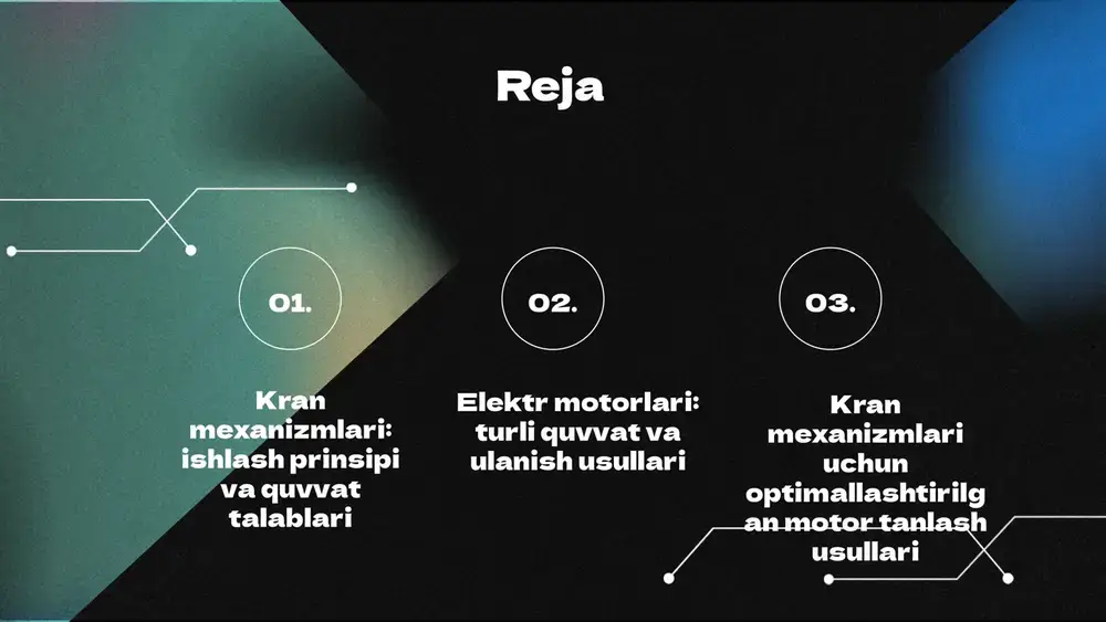arish uchun zarur, motorlar esa kerakli quvvatni ta'minlab, ishni samarali bajaradi. photo by altumcode on unsplash kran mexanizmlarida elektr motorlarining roli elektr motorlarining ishlashi kran mexanizmlarida elektr motorlari ko'tarish va harakatlantirish vazifalarini bajaradi. ular turli tezlik va quvvatda ishlaydi, bu esa mexanizmlarning samaradorligini oshiradi. elektr motorlarining turlari asosiy elektr motorlari asinxron, sinxron va dc (to'g'ridan-to'g'ri oqim) motorlaridir. har bir turi o'ziga xos afzalliklari va kamchiliklariga ega, masalan, asinxron motorlar oddiy va ishonchli hisoblanadi. afzalliklari elektr motorlari energiya tejash, kam texnik xizmat ko'rsatish va yuqori samaradorlik kabi afzalliklarga ega. bu ularni kran mexanizmlarida keng ishlatish uchun ideal qiladi. quvvat talablari elektr motorlarining quvvati tanlanishi kran mexanizmlarining ishlash samaradorligiga ta'sir qiladi. to'g'ri quvvat tanlansa, mexanizmning ish faoliyati va muddatini oshirish mumkin. quvvatni hisoblash formulalari kran mexanizmlari uchun formulalar quvvatni hisoblash uchun asosiy formula: p = w / t, bunda p - quvvat, w - ish, t - vaqt. misol 1: asosiy formula …