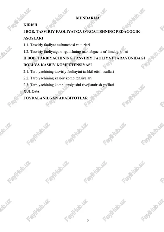 ogiyasini yaratish, o‘quv-metodik majmualarning yangi avlodini ishlab chiqish va amaliyotga joriy etish takomillashtirishni taqozo etadi.[footnoteref:2] [2: “yangi o’zbekistonning taraqqiyot strategiyasi ”.-toshkent: “o’zbekiston”, 2022.] tarbiyachi esa ushbu jarayonning bosh tashkilotchisi, yo‘naltiruvchisi, motivatsiya beruvchisi va bolalarda ijodiy qiziqishni uyg‘otuvchi asosiy shaxs sifatida namoyon bo‘ladi. uning tasviriy faoliyat darslariga bo‘lgan yondashuvi, metodik mahorati, san’at va pedagogika bo‘yicha bilimlarining chuqurligi mashg‘ulotning samaradorligi bilan bevosita bog‘liqdir. zamonaviy tarbiyachi faqat rasm chizishni o‘rgatuvchi oddiy ustoz emas, balki bolaning estetik dunyoqarashini shakllantiradigan, individual ijodiy yondashuvni rivojlantiradigan, bolalarning psixologik xususiyatlarini hisobga olgan holda faoliyatni to‘g‘ri tashkil etadigan malakali mutaxassis bo‘lishi talab etiladi. bugungi maktabgacha ta’lim muassasalarida tasviriy faoliyatni yangicha pedagogik texnologiyalar asosida tashkil etish, bolalarni erkin fikrlash va ijodiy izlanishga undaydigan metodlarni qo‘llash, turli tasviriy materiallar va texnikalardan foydalanish tobora muhim ahamiyat kasb etmoqda. ayniqsa, bolalar rivojlanishidagi o‘zgarishlar, yangi pedagogik talablar, psixologik yondashuvlar tarbiyachidan yuqori kasbiy kompetensiyani, yangilikka ochiqlikni va ijodkorlikni talab qiladi. tasviriy faoliyat darslari maktabgacha yoshdagi …