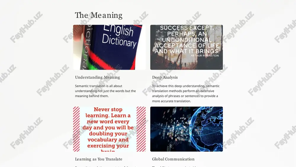 rket's needs. 4 challenges and limitations meaning miscommunication even with extensive analysis, there's always the possibility of misinterpreting the meaning behind the words and phrases. accent and dialects the use of machine learning algorithms and natural language processing software can have difficulty understanding different accents and dialects. cultural nuances semantic translation is not just about the basic meaning behind the words; it also requires understanding and interpreting different cultural and social contexts. non-written spoken languages the process of analyzing non-written spoken languages such as sign language and dialects presents an added layer of complexity that semantic translation still struggles with 5 conclusion overall, semantic translation is an exciting new field with many benefits that can help improve international communication and drive globalization. as the technology continues to improve, we are sure to see even more exciting applications. 6 thank you for your attention image1.png image2.png image3.png image4.png image5.png image6.png image7.png …