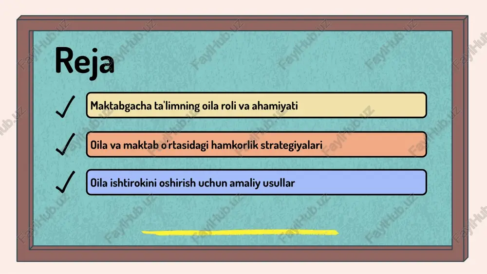 r ko'rsatadi. oila va maktab o'rtasidagi hamkorlik oila va maktab o'rtasidagi hamkorlik maktabgacha ta'limda muhim ahamiyatga ega. bu hamkorlikning asosiy shakllari quyidagilarni o'z ichiga oladi: - **ochiq muloqot:** ota-onalar va o'qituvchilar o'rtasida muntazam uchrashuvlar va muloqotlar o'tkazish, bolalar tarbiyasi va ta'limi bo'yicha fikr almashish. - **birgalikda tadbirlar o'tkazish:** oila va maktab birgalikda bayramlar, seminarlar va ta'lim darslari tashkil etishi, bu jarayonda ota-onalar o'z fikrlarini bildirishlari va faol ishtirok etishlari mumkin. - **ko'rsatuvlar va faoliyatlar:** oila va maktab o'rtasida bolalar uchun maxsus ko'rsatuvlar, ijodiy faoliyatlar va loyihalar tashkil etish. bu jarayon bolalarning ijtimoiy ko'nikmalarini rivojlantirishga yordam beradi. ushbu usullar orqali oila va maktab o'rtasida samarali aloqa o'rnatish, bolalarning ta'lim jarayoniga yaxshiroq ta'sir ko'rsatadi va ta'limda muvaffaqiyatga erishishga yordam beradi. oila ta'siri: rivojlanishdagi rol oila bolalar rivojlanishiga katta ta'sir ko'rsatadi. oila sharoiti, tarbiya va ta'limning umumiy ahamiyati bolalar uchun muhimdir. maktabgacha ta'lim tashkilotlari bilan hamkorlik, ota-onalar va tarbiyachilar o'rtasida yaxshi aloqalar o'rnatish …
