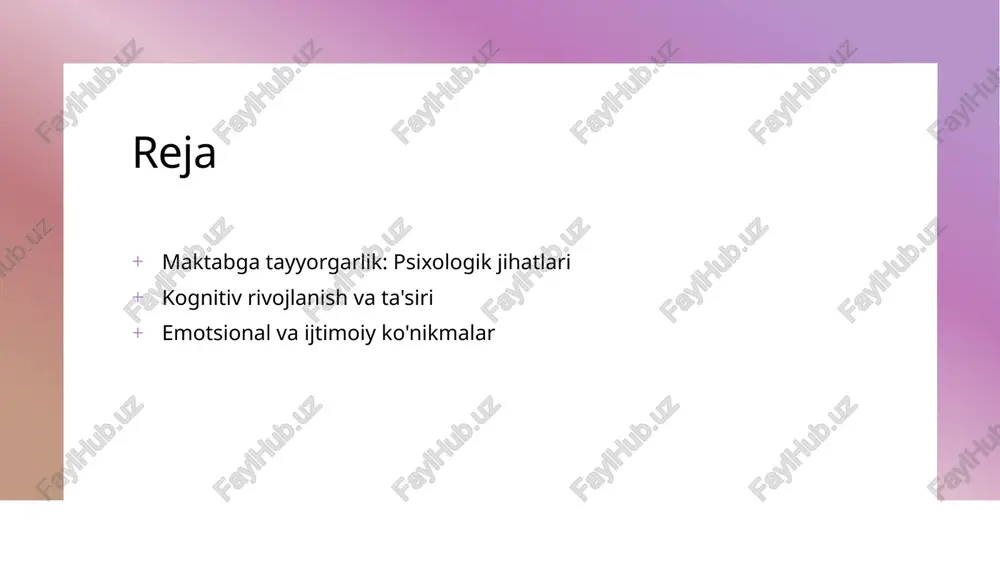 yangi bilimlarni o'zlashtirishda analitik fikrlash va e'tibor qaratish qobiliyatlariga ega bo'lishi kerak. emotsional tayyorgarlik: bolalar uchun ahamiyati. 1 emotsional tayyorgarlik - emotsional tayyorgarlik bolalarning o'z his-tuyg'ularini tushunishi va boshqarishi uchun zarur. bu, ularning maktabda muvaffaqiyatli bo'lishlariga yordam beradi. 2 stressga qarshi turish - emotsional tayyorgarlik bolalarga stress va bosimga qarshi turish qobiliyatini oshiradi. bu, maktab hayotida muammolarni yengish uchun muhimdir. 3 ijtimoiy aloqalar - emotsional tayyorgarlik bolalarning ijtimoiy ko'nikmalarini yaxshilaydi. bu, do'stlar bilan muloqot qilish va jamoada ishlashda muhim rol o'ynaydi. 4 o'z-o'zini anglash - emotsional tayyorgarlik bolalarga o'zlarini anglash va o'z his-tuyg'ularini ifoda etish imkonini beradi. bu, ularning o'ziga bo'lgan ishonchini oshiradi. ijtimoiy ko'nikmalar va maktabga moslashuv. 1 ijtimoiy ko'nikmalar - ijtimoiy ko'nikmalar bolalarning maktabda muvaffaqiyatli moslashuvi uchun zarur. bu ko'nikmalar do'stlik, hamkorlik va ijtimoiy aloqalarni o'z ichiga oladi. 2 maktabga moslashuv - maktabga moslashuv jarayonida bolalar yangi muhitga kirib, o'qituvchilar va tengdoshlari bilan aloqalarni rivojlantirishadi. bu ijtimoiy ko'nikmalarni …