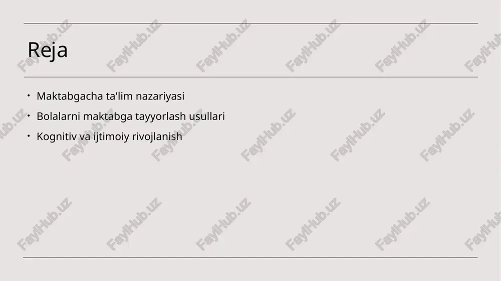 ol ishtirokini ta'minlaydi va ularni o'rganishga qiziqtiradi. 4 ta'lim dasturlari - maktabgacha ta'lim dasturlari bolalarning tayyorgarligini oshirish uchun kognitiv ko'nikmalarni rivojlantirishga qaratilgan, turli mavzularni o'z ichiga oladi. kognitiv rivojlanish: bolalarni o'qishga tayyorlash. 01 kognitiv rivojlanish kognitiv rivojlanish bolalarning o'qishga tayyorlanish jarayonida muhim rol o'ynaydi. bu jarayon bolalarning fikrlash qobiliyatini va muammolarni hal qilish ko'nikmalarini rivojlantiradi. 02 o'qish qobiliyati o'qishga tayyorlashda bolalar o'zlarining diqqat va e'tiborlarini rivojlantirishlari zarur. bu, ularning o'qish jarayonida muvaffaqiyatli bo'lishlariga yordam beradi. 03 fikrlash tarzlari bolalarning fikrlash tarzlarini shakllantirish ularning mantiqiy fikrlash qobiliyatini oshiradi. bu, matematik tushunchalar va ilmiy tafakkur uchun asos bo'ladi. 04 o'yin va ta'lim o'yinlar orqali kognitiv rivojlanishni kuchaytirish mumkin. o'yinlar bolalarga yangi bilimlarni o'rganish va ularni amalda qo'llash imkonini beradi. ijtimoiy ko'nikmalar va ularning ta'lim jarayonidagi o'rni. 1 ijtimoiy ko'nikmalarni rivojlantirish ijtimoiy ko'nikmalar bolalarning o'zaro muloqot qilish va hamkorlikda ishlash qobiliyatlarini oshiradi, bu esa ularning ta'lim jarayonida muvaffaqiyatli bo'lishini ta'minlaydi. 2 ta'lim jarayonida …
