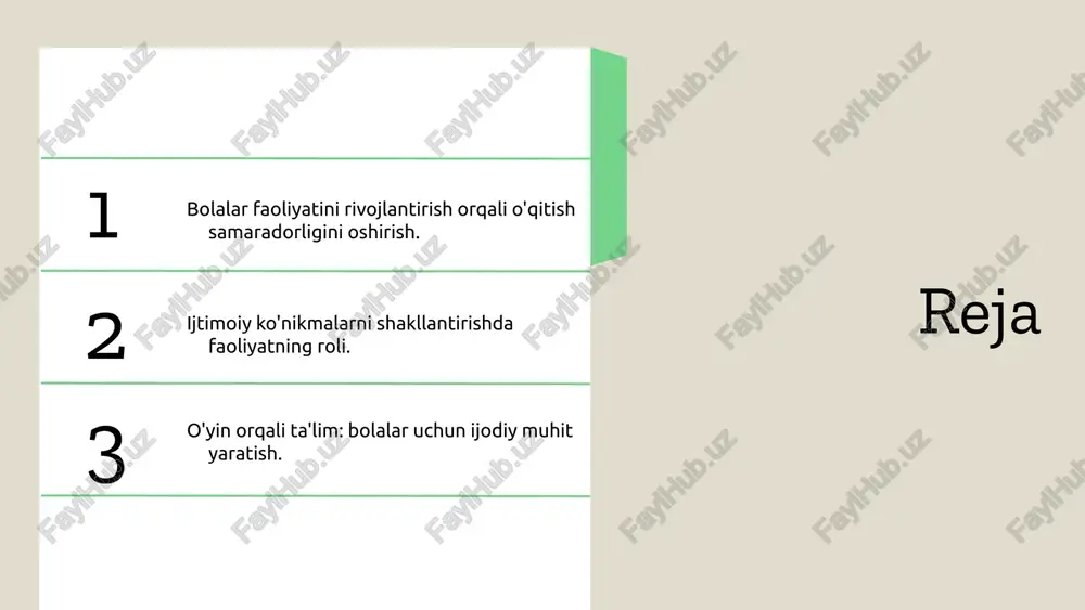 o'quv jarayonini qiziqarli qiladi, jamoaviy faoliyatlar esa ularni bir-biriga yaqinlashtiradi. title: maktabgacha ta'limda bolalar faoliyatini tashkil etishning omillari subtitle: bolalar faoliyatining rivojlanishiga ta'siri paragraph: bolalar faoliyatining rivojlanishi bir qator omillarga bog'liq. ijtimoiy muhit, oila va ta'lim muassasasi o'rtasidagi aloqalar, bolalarning shaxsiy xususiyatlari va o'qituvchining roli bolalar faoliyatini tashkil etishda muhim ahamiyatga ega. bullet points: - ijtimoiy muhit va uning roli: bolalar ijtimoiy muhitda o'zaro aloqalar orqali o'z faoliyatlarini rivojlantiradilar. - oila va ta'lim muassasasining o'zaro aloqasi: oila va ta'lim muassasalari o'rtasidagi hamkorlik bolalar faoliyatini qo'llab-quvvatlaydi. - bolaning shaxsiy xususiyatlari: har bir bolaning o'ziga xos xususiyatlari va qobiliyatlari faoliyatga ta'sir qiladi. - o'qituvchining ahamiyati: o'qituvchilar bolalarga qo'llab-quvvatlash va yo'naltirish orqali ularning faoliyatini samarali tashkil etadilar. misollar va tajribalar o'zbekistondagi maktabgacha ta'lim muassasalarida amalga oshirilgan muvaffaqiyatli loyihalar, bolalar faoliyatini samarali tashkil etish uchun muhim ahamiyatga ega. masalan, 'yosh o'lchov' loyihasi orqali bolalar uchun interaktiv o'yinlar va faoliyatlar joriy etildi, bu esa ularning …