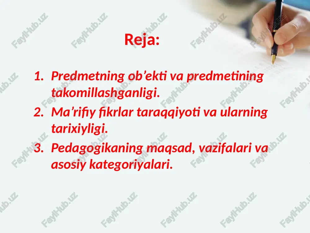 lar asosida ta’lim va tarbiya nazariyasini rivojlantirish vazifasini hal etadi. abu nasr forobiyning asarlaridagi pedagogik fikrlar. asarlari: «baxt saodatga erishuv to‘g’risida», «fozil odamlar shahri», «aql ma’nolari haqida», «shaharni o‘rganish haqida» va boshqalar. forobiy birinchi bo‘lib ta’lim va tarbiyaga ta’rif bergan olimdir: ta’lim – so‘z va o‘rganish bilangina amalga oshiriladi. tarbiya – esa amaliyot, ish-tajriba bilan amalga oshiriladi. ta’lim-tarbiya ikki yo‘l bilan amalga oshiriladi: qanoatbaxsh, ilhomlantiruvchi so‘zlar va majbur etish. har kimki ilm, hikmatni desa, uni yoshligidan boshlasin, so‘zining ustidan chiqsin, yomon ishlardan saqlanadigan bo‘lsin, hiyonat, makr va hiylalardan uzoq bo‘lsin, diyonatli bo‘lsin, ilm va ahli ilmdan mol-dunyosini ayamasin. abu nasr forobiy abu rayhon beruniyning ilmiy-pedagogik qarashlari. beruniy insonni tabiatning eng oliy kamoloti deb qaraydi. u insonning ma’naviy qiyofasidagi barcha axloqiy xislatlarni yaxshilik va yomonlik kabi ikki turga bo‘ladi. beruniy ta’limotiga ko‘ra inson kamolotida uch narsa muhim rol’ o‘ynaydi: 1.irsiyat. 2.muhit. 3.tarbiya. beruniyning ilmiy bilimlarni egallash yo‘llari, usullari haqidagi fikrlari hozirgi …