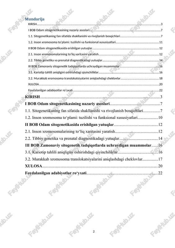 kab xromosomalarning identifikatsiyalashdagi cheklovlar, texnologik vositalarning qimmatligi, klinik natijalarni izohlashdagi noaniqliklar, etik va huquqiy masalalar. bu muammolarni bartaraf etish uchun yangi avlod sitogenetik platformalar, sun’iy intellekt asosidagi avtomatlashtirilgan tahlil tizimlari, shuningdek, genom tahrirlash texnologiyalarini amaliyotga tatbiq etish ustida izlanishlar olib borilmoqda. odam sitogenetikasi nafaqat zamonaviy tibbiyot va biologiyaning ajralmas qismi, balki kelajakda kasalliklarni erta aniqlash, davolash va oldini olishda ulkan imkoniyatlar yaratadigan istiqbolli ilmiy yo‘nalishdir. ushbu mavzuda erishilgan yutuqlar, mavjud muammolar va kelgusidagi rivojlanish istiqbollarini tahlil qilish sitogenetik tadqiqotlarning ilmiy va amaliy ahamiyatini yanada chuqurroq yoritishga xizmat qiladi. mavzuning dolzarbligi odam sitogenetikasi zamonaviy biotibbiyotning eng strategik yo‘nalishlaridan biri bo‘lib, uning dolzarbligi inson salomatligi bilan bog‘liq ko‘plab muammolarni hal etishda bevosita namoyon bo‘ladi. hozirgi kunda irsiy kasalliklarning yuqori tarqalishi, onkologik kasalliklarning yoshargani, bepushtlik va homila rivojlanishidagi nuqsonlarning ko‘payishi sitogenetik tadqiqotlarni yanada ahamiyatli qilmoqda. xususan, statistik ma’lumotlarga ko‘ra, tug‘ma nuqsonlarning katta qismi xromosoma anomaliyalaridan kelib chiqishi, saraton hujayralarining aksariyatida esa xromosoma darajasidagi …
