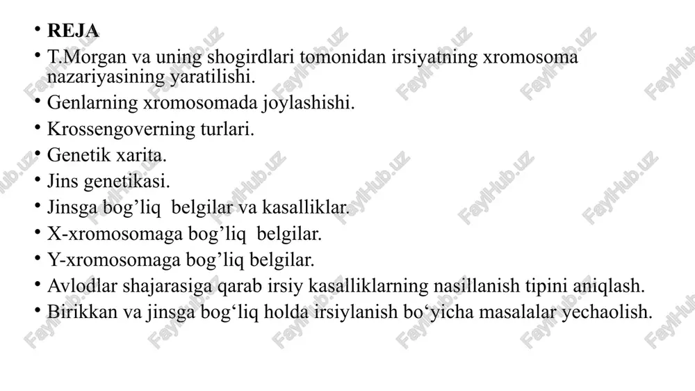 aerda joylashgan? genlar hujayra yadrosidagi xromosomalarda joylashgan. har bir xromosoma — dnk molekulasi va oqsillardan tashkil topgan tuzilma bo‘lib, unda yuzlab yoki minglab genlar mavjud. 3. genlarning tartibi: genlar xromosomada zanjir shaklida ketma-ket joylashgan. har bir genning o‘ziga xos lokusi (joyi) mavjud. shu sababli genlar xromosoma xaritasi yordamida aniqlanadi. 4. bog‘langan genlar: bir xil xromosomada joylashgan genlar birgalikda irsiylanadi, bu hodisa bog‘langan irsiylanish deyiladi. 5. krossingover: mejoz jarayonida xromosomalar o‘zaro bo‘lak almashadi, natijada genlar joylashuvi o‘zgarib, irsiy xilma-xillik paydo bo‘ladi. krossingoverning turlari 1. krossingover nima? krossingover — bu mejoz (reduktsion bo‘linish) jarayonida gomologik xromosomalar o‘zaro bo‘lak almashadigan hodisadir. bu jarayon natijasida yangi gen kombinatsiyalari hosil bo‘ladi va irsiy o‘zgaruvchanlik kuchayadi. 🔹 krossingoverning asosiy turlari: 1. oddiy (bir martalik) krossingover faqat bitta joyda xromosomalar o‘zaro bo‘lak almashadi. eng ko‘p uchraydigan turi. natijada 2ta rekombinant va 2ta ota-onasiga o‘xshash gametalar hosil bo‘ladi. 2. murakkab (ko‘p martalik) krossingover xromosomalar bir necha joyda bo‘lak …