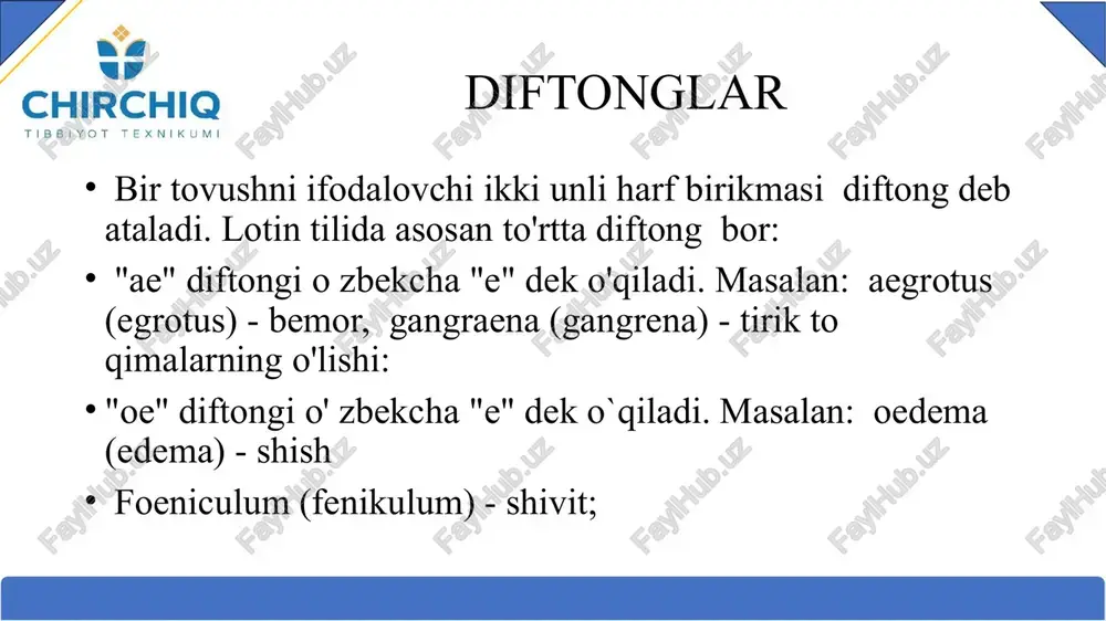 articulatio (artikulatsio) - bog`im lekin ti harf birikmasi -x, -s undosh harflaridan keyin kelganda unli harflar oldida ham ti deb talaffuz qilinadi: mixtio (mikstio) - aralashtirish. ostium (ostium) - teshik harf birikmalarining o`qilishi su harf birikmasi unli harflar oldida kelganda sv deb talaffuz qilinadi: suavis (svavis) - yoqimli consuetudo (konsvetudo)- odat suillus (svillus) - cho'chqaga oid digraflar talaffuzi faqat undoshlar -har doim bir o'qiladi -sch digrafi sx deb o'qiladi: schizandra (sxizandra) - limono't. ischium (isxium) - quymich suyagi digraflar talaffuzi ch digrafi x deb o'qiladi: chirurgus (xirurgus) - jarroh, chamomilla (xamomilla) -moychechak digraflar talaffuzi th digrafi t deb o'qiladi: mentha (menta) - yalpiz. thermometrum (termometrum) - harorat o'lchagich. digraflar talaffuzi ph digrafi f deb otqiladi: phosphorus (fosforus) - fosfor. diaphoreticus (diaforetikus) –terlatuvchi rh digrafi r deb o'qiladi: rheum (reum) -ravoch rhaphe (rafe)-chok urgʻu. soʻzlarni boʻgʻinlarga ajratish. choʻziqlik va qisqalik qoidalari so’zlarni bo'g'inlarga ajratish 1. lotin tilida soʻzda nechta unli harf …