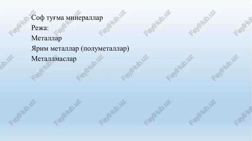 salari — juda bolg'alanuvchi va cho'ziluvchi, yuqori kimyoviy barqarorlikka ega, oksidlanmaydi, kislotalarda erimaydi (shox arog'idan tashqari). bosh diagnostik belgilari — rangi, yaltiroqligi, yumshoqligi, yuqori zichligi. kelib chiqishi. oltinning ikkita asosiy turkumini ajratish mumkin: birlamchi tub va ikkilamchi sochilma oltin. tub oltinning yirik koni markaziy qizilqumda (muruntov) mavjud. sochilma oltin konlar shimoliy nurotada keng tarqalgan. qo'llanilishi — zargarlikda muhim qimmatbaho metal sifatida keng qo'llaniladi; tanga va medallar tayyorlashda; elektronikada, optikada, asbobsozlikda, meditsinada foydalaniladi. sof oltin mis — su. odatda fe, ag, au, as qo'shimchalariga ega. uchrash shakli — ko'p hollarda yaxlit massa yoki dendritlar, kam hollarda moxsimon va simsimon ajratmalarni tashkil etadi. optik xossalari. rangi — missimon-qizil, ba'zan jigarrang. chizig'ining rangi — missimon-qizil, yaltiroq. yaltiroqligi — metalsimon. shaffofligi — shaffofmas. mexanik xossalari. ulanishi — yo'q. sinishi — ilgaksimon. misni ko'rinishi qattiqligi — 2,5 — 3. zichligi — 8,9 g/sm3. alohida xossalari — bolg'alanadi. bosh diagnostik belgilari — rangi, yaltiroqligi, yumshoqligi. kelib …