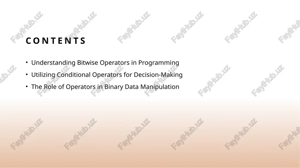 standing sign bits bitwise operations on signed integers can produce misleading results due to sign bits. developers must account for two's complement representation in binary manipulations. the fundamentals of conditional operators: enhancing logic in programming. 1 definition and purpose - conditional operators, like 'if', 'else', and 'switch', are used to control the flow of execution in programming based on logical conditions. 2 types of conditional operators - common types include the ternary operator, which provides a shorthand for 'if-else', and logical operators like '&&' and ' 3 importance in programming - these operators enhance decision-making capabilities, enabling programs to react dynamically to varying inputs and conditions, thereby improving user experience and functionality. 4 examples in code - for instance, using 'if (x > 10) { dosomething(); }' allows specific actions when conditions are met, showcasing practical applications of conditional logic in programming. real-world applications of conditional operators in software development. …