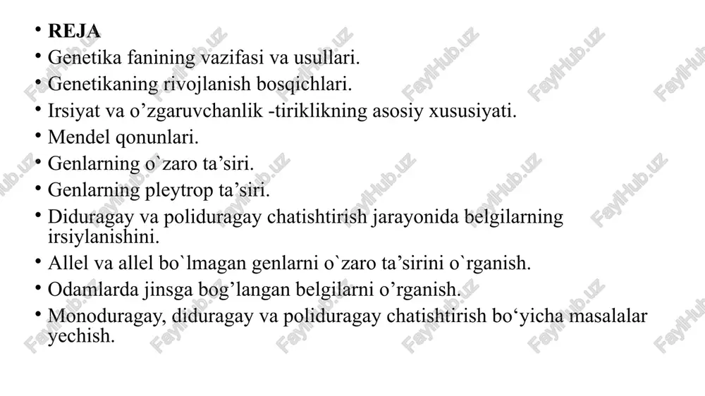 ing rivojlanish bosqichlari 1-bosqich. klassik genetika davri (xix asr oxiri – xx asr boshlarida) gregor mendel (1865) – irsiyat qonuniyatlarini ochib berdi (mendel qonunlari). 1880–1900-yillar – xromosomalar va ularning hujayra bo‘linishidagi roli o‘rganildi. 1900-yil – mendel ishlari qayta kashf qilindi, genetika fan sifatida shakllandi. 2-bosqich. xromosom nazariyasi davri (xx asr boshlarida) t. morgan (1910-yillar) – xromosomal nazariyani yaratdi. irsiy belgilar genlar orqali xromosomalarda joylashishi isbotlandi. gibridologik va sitologik tadqiqotlar keng rivojlandi. 3-bosqich. molekulyar genetika davri (xx asr o‘rtalari) 1944-yil – osvald eviri va hamkasblari dnk – irsiyat materiali ekanini isbotladi. 1953-yil – j. uotson va f. krik dnkning ikki spiral tuzilishini aniqladilar. genetik kod ochildi, oqsil sintezi mexanizmlari tushuntirildi. 4-bosqich. gen muhandisligi va biotexnologiya davri (xx asr oxiri) rekombinant dnk texnologiyasi yaratildi. transgen organizmlar olindi (hayvon, o‘simlik, mikroorganizmlar). inson genomi loyihasi (1990–2003) amalga oshirildi. 5-bosqich. zamonaviy bosqich (xxi asr – hozirgi vaqt) genomika, proteomika, bioinformatika jadal rivojlanmoqda. crispr-cas9 texnologiyasi yordamida …