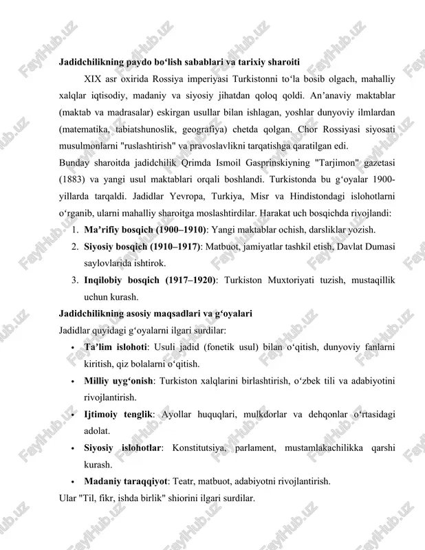 –1917): matbuot, jamiyatlar tashkil etish, davlat dumasi saylovlarida ishtirok. 3. inqilobiy bosqich (1917–1920): turkiston muxtoriyati tuzish, mustaqillik uchun kurash. jadidchilikning asosiy maqsadlari va gʻoyalari jadidlar quyidagi gʻoyalarni ilgari surdilar: · taʼlim islohoti: usuli jadid (fonetik usul) bilan oʻqitish, dunyoviy fanlarni kiritish, qiz bolalarni oʻqitish. · milliy uygʻonish: turkiston xalqlarini birlashtirish, oʻzbek tili va adabiyotini rivojlantirish. · ijtimoiy tenglik: ayollar huquqlari, mulkdorlar va dehqonlar oʻrtasidagi adolat. · siyosiy islohotlar: konstitutsiya, parlament, mustamlakachilikka qarshi kurash. · madaniy taraqqiyot: teatr, matbuot, adabiyotni rivojlantirish. ular "til, fikr, ishda birlik" shiorini ilgari surdilar. jadid bobolarimiz — harakatning yirik namoyandalari jadidchilikning eng buyuk vakillari quyidagilar: · mahmudxoʻja behbudiy (1875–1919): "turkiston jadidlarining otasi". "padarkush" dramasi muallifi (oʻzbek teatrining asoschisi). "oyina" jurnali va "samarqand" gazetasini chiqargan. yangi maktablar ochgan, turkiston muxtoriyati gʻoyasini ilgari surgan. 1919-yilda qarshi yaqinida shahid qilingan. · abdurauf fitrat (1886–1938): buxorolik olim, yozuvchi. "munozara", "hind sayyohi" asarlari bilan amirlik tuzumini tanqid qilgan. turkiston muxtoriyati rahbarlaridan. …