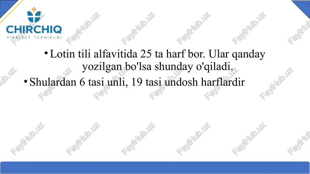 kka] - lunj: decoctum [dekoktum] - qaynatma. folium [folium] - barg. gaster [gaster] - me'da: kalium [kalium] - kaliy, labium [labium] - lab: musculus [muskulus] - mushak. nodus [nodus] - tugun: palatum [palatum] - tanglay, radius [radius] - bilak suvagı: tempratura [tempratura] - harorat, vagina [vagina] - qin oʻziga xos oʻqiladigan undosh harflar "hh" harfi o'zbekcha h tovushidek talaffuz qilinadi xhepar (hepar) - jigar. humanus (humanus) - odamiylik. herba (herba) - o'simlik , haema (hema) - qon sizga ma'lumki. rus tilida hh harfidek talaffuz qilinadigan tovush yo'q. shuning uchun sovet davrida lotin tili kitobini yozmoqchi bo'lgan rus mualliflari "hh" harfi talaffuzida qiyinchilikga duch kelishgan rus tilida hh bo'g'iz-halqum tovushi mavjud bo'lmaganligi uchun rus mualliflari ukrayin tilidagi "fr" tovushidan foydalanishgan. ukrayin tilini ukrayinlardan boshqa xalqlar bilmaganligi sababli rus kitobxonlari va talabalar rus tilidagi "tr" tovushi kabi talaffil qilishgan va talaffuz qilishmoqda. lotin tilini rus tili ta'sirig o'rgangan ustozlarimiz ham "hh" harfini …