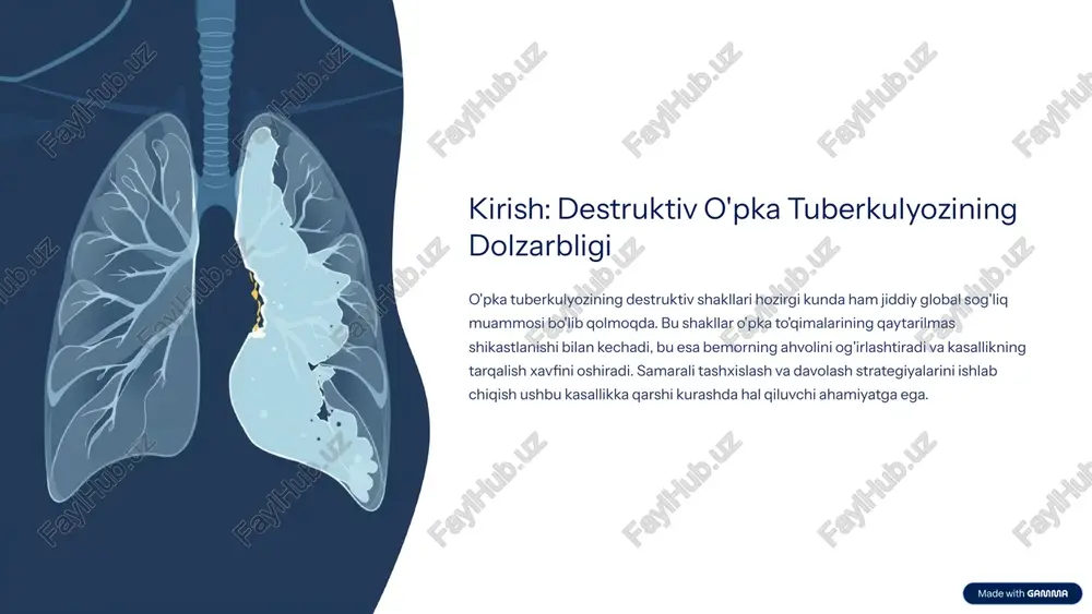 hidamlilikni aniqlash va tezkor tashxis qo'yish. 5 grafik tasvirlash va destruktiv jarayonni baholash o'pka to'qimasidagi destruktiv jarayonlarning grafik tasvirlanishi kasallikning og'irligini, tarqalishini va davolash samaradorligini baholashda muhim ahamiyatga ega. kt tasvirlari kavernalarning hajmini, devorlarining qalinligini va atrofdagi to'qimalarning holatini aniq ko'rsatib beradi. 6 qiyosiy tashxislashda qiyinchiliklar destruktiv o'pka tuberkulyozini boshqa o'pka kasalliklaridan (masalan, o'pka absessi, saraton, bronxoektaz) farqlash ba'zan qiyinchilik tug'diradi. shu sababli, diagnostik testlar va klinik ko'rsatkichlarning kompleks tahlili zarur. o'pka absessi o'tkir boshlanishi, yiringli balg'am, leykotsitoz. kaverna devorlarining notekisligi, ko'pincha bitta fokus. o'pka saratoni yoshi kattalarda, sekin rivojlanish, biopsiya zarurati. kaverna devorlarining qalinligi, metastazlarning mavjudligi. bronxoektaz tug'ma yoki orttirilgan, surunkali yo'tal, balg'am ajralishi. kavernalar o'rniga kengaygan bronxlar, ko'p qirrali lezyonlar. 7 testlar va klasterlarni yechish: diagnostika va davolash strategiyalari zamonaviy tibbiyot destruktiv tuberkulyozni tashxislash va davolashda turli testlar va klaster yechimlarini taklif etadi. bu yondashuv kasallikni aniqroq aniqlash va individual davolash rejalarini tuzish imkonini beradi. 01 dori sezuvchanligini …