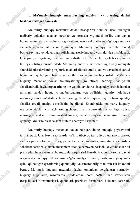 ga soluvchi mexanizm sifatida namoyon bo‘ladi. davlat boshqaruvi printsiplari ham aynan ushbu mezonlar orqali shakllanadi. mazkur mezonlar davlat organlariga huquqiy vakolatlarni to‘g‘ri amalga oshirish, boshqaruv jarayonida qabul qilinadigan qarorlarning qonuniyligi va samaradorligini ta’minlash imkonini beradi. ma’muriy huquqiy mezonlar davlat tomonidan belgilangan normativ-huquqiy hujjatlarda, nizomlarda, qoidalardan iborat bo‘lib, ular o‘zbekiston respublikasi konstitutsiyasi, qonunlari, prezident farmonlari, hukumat qarorlari, vazirliklarning buyruqlari orqali belgilab beriladi. shu bois ma’muriy huquqiy mezonlar mamlakatdagi boshqaruv jarayonining huquqiy asoslarini mustahkamlaydi. ma’muriy huquqiy mezonlarning yana bir muhim xususiyati shundaki, ular jamiyat hayotining turli jabhalarida tartib va barqarorlikni ta’minlash uchun mo‘ljallangan. mazkur mezonlar orqali davlat boshqaruvining izchilligi ta’minlanadi, davlat organlarining o‘zaro hamkorligi, vakolatlarning to‘g‘ri taqsimlanishi va bajarilishi kafolatlanadi. ma’muriy mezonlar davlat boshqaruvining barcha bosqichlarida zarur element bo‘lib, ular bo‘lmasa davlat tizimi izdan chiqishi, boshqaruvda tartibsizlik yuzaga kelishi mumkin. shuning uchun ma’muriy huquqiy mezonlar davlatning huquqiy tizimining ajralmas qismi bo‘lib, ular davlat boshqaruvining funksional asosini belgilaydi. davlat boshqaruvi jarayonida ma’muriy huquqiy …