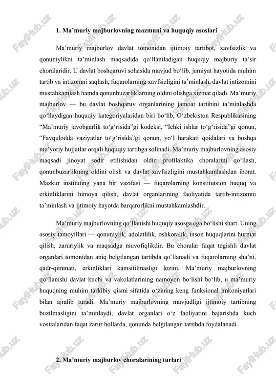 ajralib turadi. ma’muriy majburlovning mavjudligi ijtimoiy tartibning buzilmasligini ta’minlaydi, davlat organlari o‘z faoliyatini bajarishda kuch vositalaridan faqat zarur hollarda, qonunda belgilangan tartibda foydalanadi. 2. ma’muriy majburlov choralarining turlari ma’muriy majburlov o‘z ichiga bir nechta asosiy choralarning majmuasini oladi. ularning har biri aniq vaziyatga qarab qo‘llanadi va o‘ziga xos xususiyatlarga ega. ma’muriy majburlov choralarining asosiy turlari quyidagilardan iborat: ma’muriy profilaktik chora-tadbirlar, ma’muriy cheklovlar, ma’muriy jarima va javobgarlik choralari, ma’muriy ta’sir choralari, jismoniy kuch, maxsus vositalar va qurol qo‘llash, ma’muriy ushlab turish, ma’muriy hujjatlarni rasmiylashtirishga majbur qilish, ma’muriy tartibga solish bo‘yicha qo‘shimcha cheklovlar. profilaktik choralar jinoyat yoki huquqbuzarlik sodir bo‘lishidan oldin uni oldini olish maqsadida qo‘llanadi. bunday choralarga ogohlantirish, nazorat kuchaytirish, ma’lum hududda vaqtinchalik harakat cheklovlari joriy etish, fuqarolarga yoki korxonalarga xavfsizlik talablari bo‘yicha majburiyatlar yuklash kiradi. mazkur chora davlat organlariga huquqbuzarlik sodir bo‘lmasidan oldin harakat qilish imkonini beradi. ma’muriy ta’sir choralariga ma’muriy jarima, ma’muriy ogohlantirish, ma’muriy qamoq, ma’muriy musodara, maxsus huquqlardan …