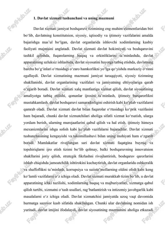 ish kabi keng ko‘lamli vazifalarni o‘z ichiga oladi. davlat xizmati murakkab tizim bo‘lib, u davlat apparatining ichki tuzilishi, xodimlarning huquq va majburiyatlari, xizmatga qabul qilish tartibi, xizmatni o‘tash usullari, rag‘batlantirish va intizomiy javobgarlik kabi masalalarni o‘z ichiga oladi. davlat xizmatchisi jamiyatda uzoq vaqt davomida hurmatga sazovor kasb sifatida shakllangan. chunki ular davlatning nomidan ish yuritadi, davlat imijini ifodalaydi, davlat siyosatining mazmunini aholiga etkazadi va ularning huquqlarini himoya qiladi. agar davlat xizmatchilari o‘z faoliyatlarini bilimsiz, mas’uliyatsiz yoki qonunga xilof ravishda amalga oshirsalar, bu butun boshqaruv tizimining izdan chiqishiga, fuqarolarning davlatga ishonchi pasayishiga olib keladi. shuning uchun dunyo mamlakatlarida davlat xizmatini isloh qilish, xodimlarni tanlab olish tizimini takomillashtirish, ularning malakasini oshirish, davlat xizmatida sodiqlik, yuksak axloqiy me’yorlar va kasbiy madaniyatni mustahkamlashga alohida e’tibor qaratiladi. davlat xizmati tizimi o‘ziga xos tamoyillar asosida tashkil etiladi. ushbu tamoyillarga qonuniylik, adolat, oshkoralik, vatanparvarlik, malaka va kompetensiya, sadoqat, halollik, siyosiy betaraflik, samaradorlik, xizmatga qabul qilishda tenglik kabi …