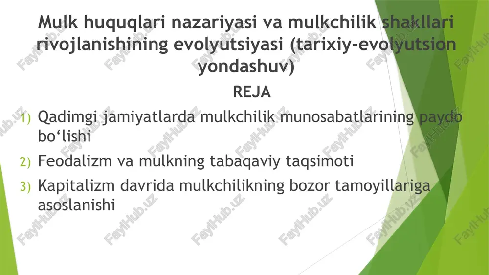 akli kengayadi. chorvador qabilalarda chorva to‘liq shaxsiy mulk bo‘lgan. bu jarayon xususiy mulkning ildiz otishida muhim o‘rin tutdi. ortiqcha mahsulotning vujudga kelishi ishlab chiqarish takomillashgani sari jamiyat ortiqcha mahsulot ishlab chiqarishni boshladi. natijasi: mulkning to‘planishi va tabaqalashuv; boy va kambag‘al qatlamlarning paydo bo‘lishi; egalikning mustahkamlanishi uchun dastlabki huquqiy me’yorlar shakllanishi. bu bosqichdan boshlab mulk nafaqat mehnatga asoslangan, balki meros, ayirboshlash, sotib olish kabi yo‘llar bilan o‘tadigan ijtimoiy institutga aylandi. dastlabki huquqiy tartiblar va urf-odatlar shakllanishi qadimgi urug‘-qabilalarda mulk bilan bog‘liq munosabatlar urf-odat va qoidalar orqali tartibga solingan: ov qilish hududi — muayyan urug‘ga tegishli bo‘lgan; chorva — oila yoki shaxs mulki sifatida tan olingan; mulkni himoya qilish — qabilaviy urf-odatlar bilan mustahkamlangan. bu urf-odatlar keyinchalik qadimgi davlatlar qonunlari (masalan, hammurapi qonunlari, rim huquqi) shakllanishiga zamin yaratgan. feodalizm va mulkning tabaqaviy taqsimoti feodalizm — bu o‘rta asrlarga xos bo‘lgan iqtisodiy-siyosiy tizim bo‘lib, unda asosiy boylik manbai yer hisoblangan. feodal tuzumda jamiyat …