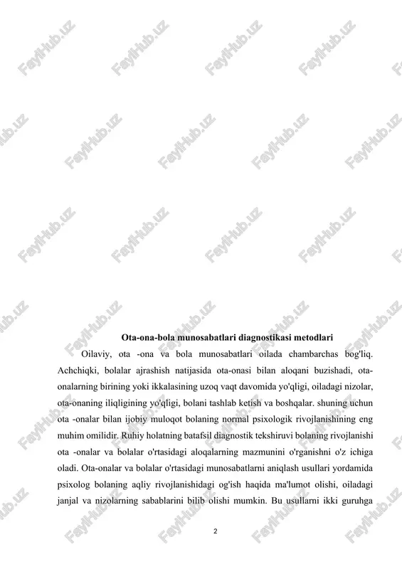 yo'nalishi va shakllarini aniqlash oila, oilaviy muammolarni hal qilishning eng samarali variantlarini tanlang. men sizga qisqacha indikativ tasnif beraman. diagnostika usullari ularning yordami bilan hal qilingan vazifalarga ko'ra guruhlangan. albatta, vazifalar va o'rtasida birma-bir yozishmalar yo'q texnika... eng qimmatli metodologiya ko'p qirrali xususiyatlarga ega - ular hal qilish uchun muvaffaqiyatli ishlatilishi mumkin turli vazifalar... va yana bir sabab usullarning uslubiy tasnifi uning natijalariga ega bo'lgan ob'ektivlik-sub'ektivlik o'lchovidir. ob'ektiv bo'lsa texnika ijrochining ta'siri (diagnostik) natijalar minimal. subyektiv holatda metodologiya natijalari aksincha, ular ijrochining tajribasi va sezgisiga bog'liq. ob'ektiv va sub'ektivni o'tkazishda texnika pudratchi butunlay boshqa texnologik operatsiyalarni bajarishi shart. ikki sinf o'rtasida qat'iy chegara yo'q. bir qator oraliq variantlar mavjud texnika, ma'lum ob'ektivlik belgilariga ham, sub'ektivlik belgilariga ham ega. buni eng ko'p eslash kerak shaxsiy psixodiagnostika usullari maxsus o'qitilgan psixologning huquqi sifatida qaralishi kerak. tasniflash texnika: 1. javobni tanlash bilan ob'ektiv testlar. natijalar standart shaklida ko'rsatilgan kalitga muvofiq qayta ishlanadi, ya'ni …