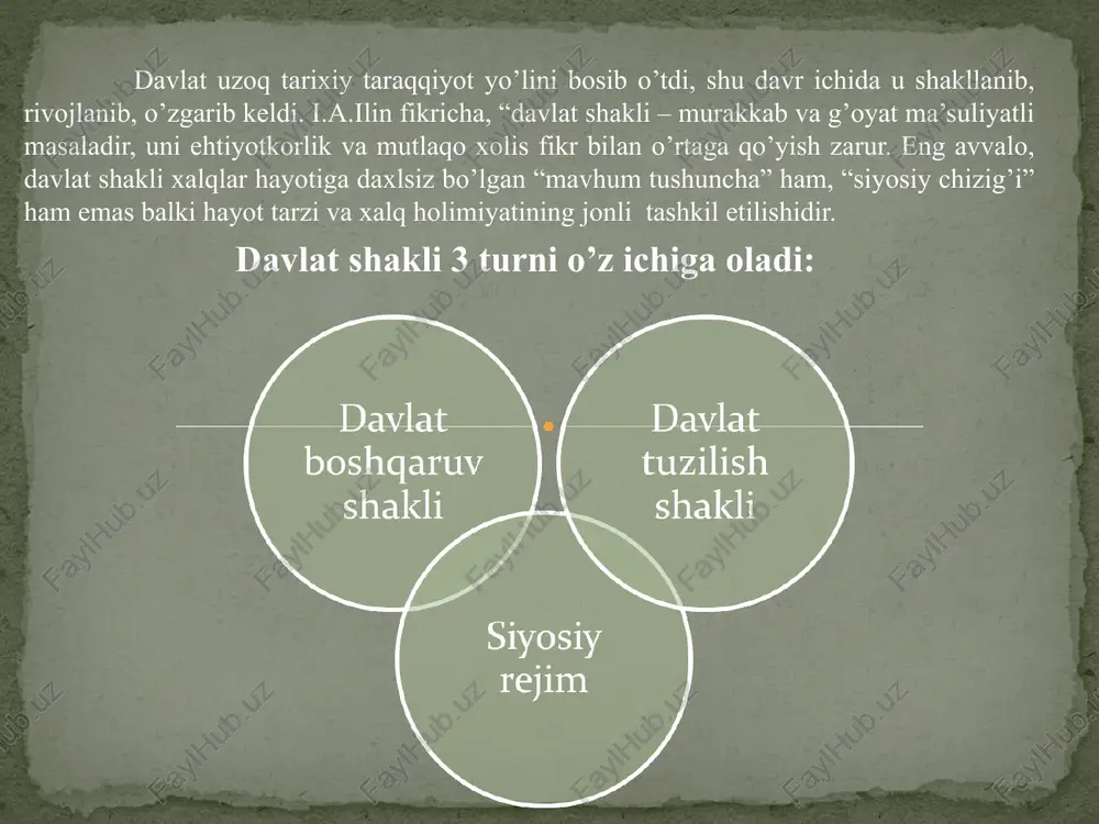 har bir fuqaroning bir vaqtda ham federativ davlat fuqarosi, ham federatsiya subyekti fuqarosi ekanligini bildiradi; federatsiyaning oliy qonun chiqaruvchi idorasi ikki palatali tuzilishga ega; markaziy hukmatga bo’ysunuvchi yagona qurolli kuchlar, politsiya, xavfsizlik xizmati, bojxona tizimi mavjud bo’ladi; federatsiyaning subyektlari – o’z konstitutsiyasiga , o’z ramzlariga ega bo’ladi konfederatsiya: bir necha davlatlarning ayrim muhim sohalar, ya’ni iqtisodiy, siyosiy, mudofaa masalalari bo’yicha tuzgan ittifoqdir. konfederatsiyada yagona davlat hududi, yagona fuqarolik bo’lmaydi. konfederatsiya bu to’la mustaqil davlatlarning ayrim sohalar bo’yicha tuzadigan ko’ngilli ittifoqidir. hozirgi vaqtda yevropaning 15ta davlatini birlashtirgan yevropa ittifoqi davlatlarining hamdo’stligi konfederatsiyasi mavjud. davlat hokimiyati va boshqaruvi idoralarining tashkil etilishi tartibi, ularning o’zaro hamda aholi bilan aloqadorligidir. davlat boshqaruv shakli insoniyatni qadimdan qiziqtirib kelgan. olimlar o’z izlanishlarida davlat shakllaridagi eng muhim jihatni ajratib olib, ularni tasvirlab berish, tahlil yetish, baholashga va iloji bo’lganda bu shakllarni rivojlantirish istiqbollarini oldindan aytib berishga urinardilar. avgustin, forobiy, gobbs, monteske, lokk, russo, radishchev va boshqalarning asarlarida …