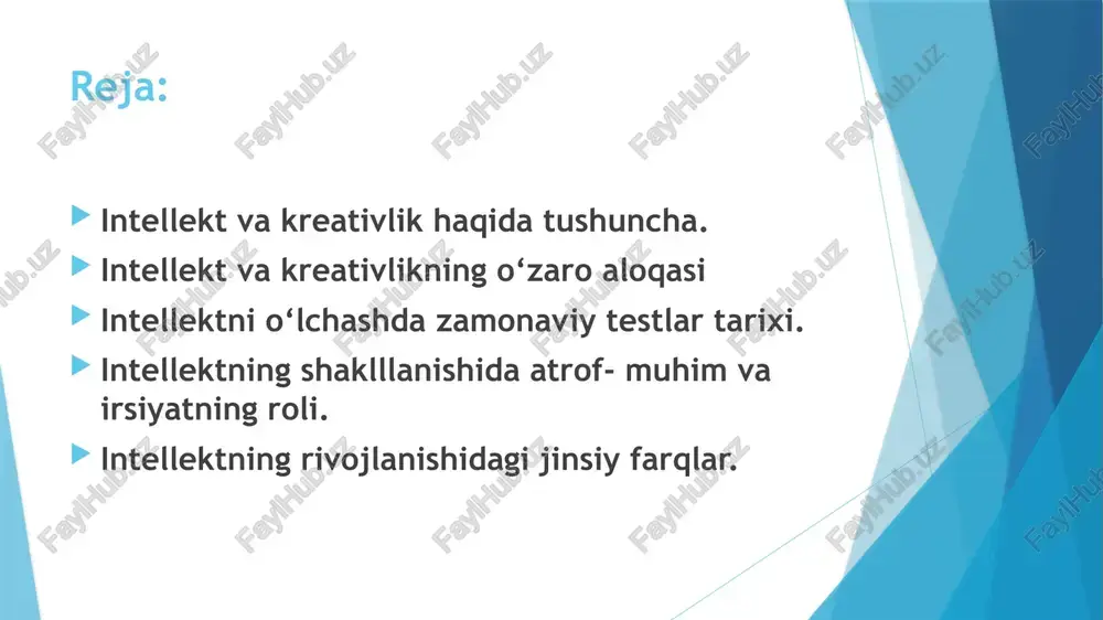 ’zi qismlari fiziologik jihatdan shikasitlangan sinaluvchilarda o‘tkazgan. ular ko‘pincha intellekt testlaridan quyi ballarni egallashgan. bu sindrom vakillarining ba’zilarida nutq rivojlanmagan. lekin qo‘shib ayirishni xuddi elektron hisoblagichday tezda hisoblay olish qobiliyatiga ega bo‘lishgan. ba’zilari, biror tarixiy kun bilan bog‘liq sanalarni yoddan bilishgan. bunday sindrom egalari hattoki baddiy ijodda ham muvaffaqiyatlarga erisha olishgan. eynshteyn bilan bir kanadalikning miyasi tadqiq etilganda ularning og‘iriligi o‘rtasida deyarli hech qanday farq yo‘qligini aniqlashgan. lekin eynshteyning miyasining kuyi qismi kanadalikning miyasidan 15 foizga yuqoriroqligi namoyon bo‘lgan. aynan miyaning quyi qismi matematik va fazoviy ma’lumotlarga javob beradi. aksincha eynshteyning miyasining faollika javob beruvchi qismlari pastroq joylashganinin aniqlashgan. shuning uchun ham enshteyn va boshqa fiziklarning gapirish va o‘rganishida sekinlikni ko‘rishimiz mumkin bo‘lganintellektni o‘lchash tarixida dastlabki qadamni ingliz olimi frensis galton tomonidan amalga oshirilgan. galtoninng fikricha xarakter irsiyat yo‘li bilan avlodddan-avlodga o‘tar ekan. u bunga bog‘liq ravishda aqliy qobiliyatlarni irsiyat yo‘li bilan tushuntirmoqchi bo‘lgan. unga fransuz maktablarida yaxshi o‘zlantirmayotgan yoki …
