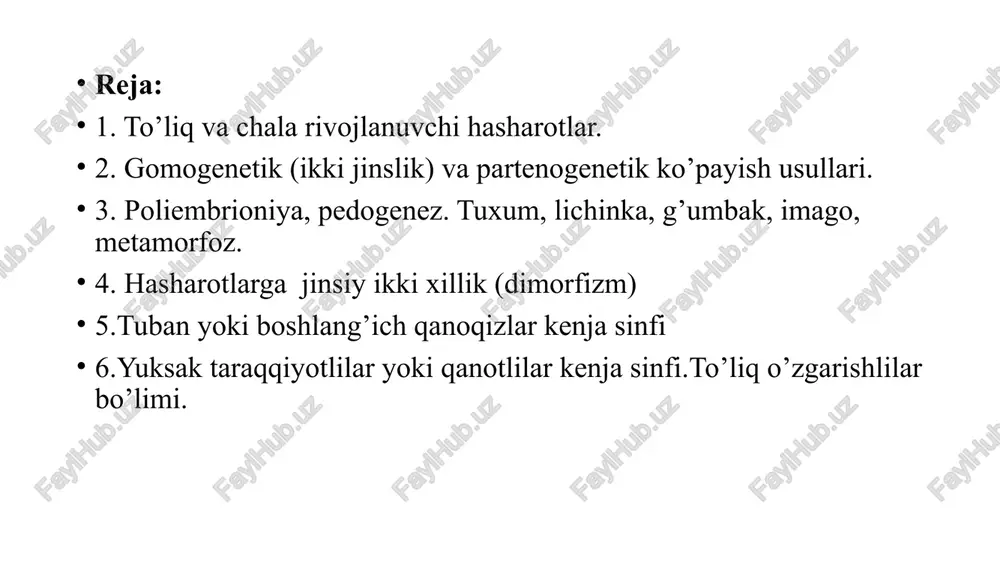 origa kiritiladi. keyingi yillarda olib borilgan tadiqiqotlarga binoan boshlang’ich qanoqiz hasharotlar sinfi yaqin avlodlar emasligi aniqlandi. umuman hasharotlar klassifikatsiyasini quyidagicha tasavvur qilish mumkin (g. ya. bey-biyeko, 1971). i.tuban yoki boshlang’ich qanoqizlar kenja sinfi — apterygota a. eitognatlilar infraksinfi — entognotha 1.proturalar yoki burtsizlar turkumi — protura 2.poduralar yoki oyoqdumlilar turkumi — podura 3.dipluralar yoki ikki dumlilar turkumi —diplura b. tizanursimonlar infrak sinfi — thysanurata 4.tizanurlar yoki qildumlilar turkumi — thysanura ii.yuksak taraqqiyotlilar yoki qanotlilar keija sinfi — pterygola to’liqsiz o’zgarishlilar bo’limi efemeroidlar bosh turkumi - ephemeroidea kuiliklar turkumi — ephemeroptera odiatoidlar bosh turkumi — odonotoidea ninachilar turkumi — odonatoptera ortopteroidlar bosh turkumi — orlhopteroidea suvaraksimoilar turkumi — blatloptera beshiktervaqimonlar turkumi — manteoptera termitlar turkumi — isoptera bahorikorlar turkumi — plesoptera embiylar turkumi — embioptera grilloblattidlar turkumi — grylloblattida cho’psimonlar turkumi — phasmatoptera to’g’ri qanotlilar turkumi — orthoptera gemimeridlar turkumi — iiyemimerida teri qanotlilar turkumi — dermaptera zorapteralar turkumi — zoraptera …