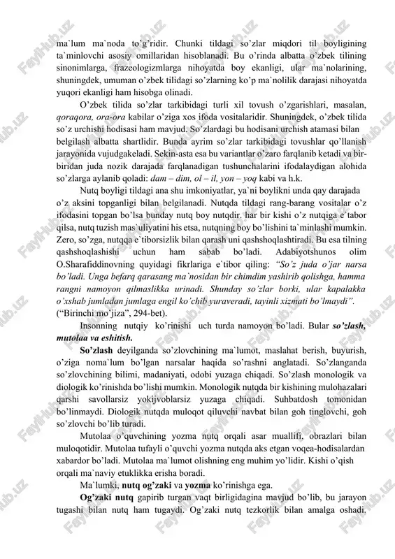 kerak? odatda u yoki bu tilning boyligi gapirilganda asosan shu tildagi so’zlar ko’zda tutiladi. tilda so’z miqdori qancha ko’p bo’lsa o’sha tilni boy til tarzida talqin qilish keng tarqalgan. bu talqin ma`lum ma`noda to’g’ridir. chunki tildagi so’zlar miqdori til boyligining ta`minlovchi asosiy omillaridan hisoblanadi. bu o’rinda albatta o’zbek tilining sinonimlarga, frazeologizmlarga nihoyatda boy ekanligi, ular ma`nolarining, shuningdek, umuman o’zbek tilidagi so’zlarning ko’p ma`nolilik darajasi nihoyatda yuqori ekanligi ham hisobga olinadi. o’zbek tilida so’zlar tarkibidagi turli xil tovush o’zgarishlari, masalan, qoraqora, ora-ora kabilar o’ziga xos ifoda vositalaridir. shuningdek, o’zbek tilida so’z urchishi hodisasi ham mavjud. so’zlardagi bu hodisani urchish atamasi bilan belgilash albatta shartlidir. bunda ayrim so’zlar tarkibidagi tovushlar qo’llanish jarayonida vujudgakeladi. sekin-asta esa bu variantlar o’zaro farqlanib ketadi va bir-biridan juda nozik darajada farqlanadigan tushunchalarini ifodalaydigan alohida so’zlarga aylanib qoladi: dam – dim, ol – il, yon – yoq kabi va h.k. nutq boyligi tildagi ana shu imkoniyatlar, ya`ni boylikni …