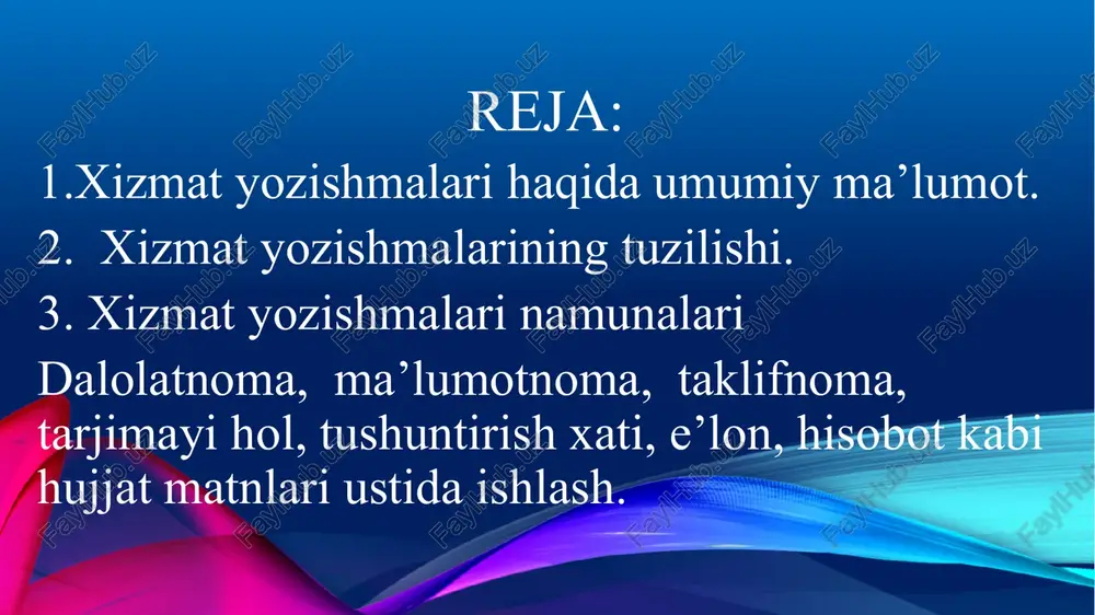 ning turi, nomi yozilmaydi, xatning qandayligi matn mazmunida aks etishi zarur. rasmiy xatlarda bayon qilingan fikr mantiqiy izchillikda ifodalanishi, yetarli dalillar bilan asoslanishi va xulosalanishi lozim. zarur holatlarda o‘rinli taklif yoki e’tiroz bildirilishi mumkin. ammo mutasaddi rahbarga nisbatan hurmat saqlanishi, murojaat odobiga amal qilinishi zarur. shu maqsadlarda: - rahbarga murojaat shakli «siz» so‘zini bosh harfda yozish orqali ifodalanadi (sizga, sizdan kabi); - fikriy bog‘liqlik «bu», «ushbu», «mazkur», «shu sababli», «shunga ko‘ra (muvofiq)» kabi so‘zlar yordamida ta’minlanadi; - taklif va e’tirozlar «bizningcha», «shartnomaga ko‘ra», «biroq», «shu bilan bir qatorda», «deb o‘ylaymiz» kabi so‘z va so‘z birikmalari orqali ifodalanadi. shaxsiy xatlar vazifasi va mazmuniga ko‘ra ikki turli bo‘ladi. kundalik turmushda, asosan, oilaviy yoki do‘stona munosabatlarni ifodalovchi xat, maktub keng qo‘llanadi. bunday xatlar rasmiy yozishmalardan hajmining cheklanmaganligi, shakliy mustaqilligi, matn mazmunining ichki kechinmalarga, hazil, qochiriq, gina, afsus, taklif, e’tiroz, minnatdorchilik kabilarning oddiy so‘zlashuv yoki badiiy uslubga yaqin ifoda shakliga xosligi bilan ajralib turadi. …