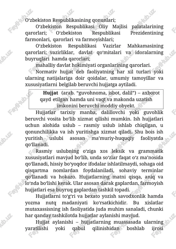 uvchi hujjatga aytiladi. hujjat (arab. “guvohnoma, isbot, dalil”) – axborot qayd etilgan hamda uni vaqt va makonda uzatish imkonini beruvchi moddiy obyekt. hujjatlar tarixiy manba, dalillovchi yoki guvohlik beruvchi vosita bo‘lib xizmat qilishi mumkin. ish hujjatlari uchun alohida uslub – rasmiy uslub ishlab chiqilgan, u qonunchilikka va ish yuritishga xizmat qiladi. shu bois ish yuritish uslubi asosan ma’muriy-huquqiy faoliyatda qo‘llanadi. rasmiy uslubning o‘ziga xos leksik va grammatik xususiyatlari mavjud bo‘lib, unda so‘zlar faqat o‘z ma’nosida qo‘llanadi, hissiy bo‘yoqdor ifodalar ishlatilmaydi, sohaga oid qisqartma nomlardan foydalaniladi, sohaviy terminlar qo‘llanadi va hokazo. hujjatlarning matni qisqa, aniq va lo‘nda bo‘lishi kerak. ular asosan darak gaplardan, farmoyish hujjatlari esa buyruq gaplardan tashkil topadi. hujjatlarni to‘g‘ri va bexato yozish savodxonlik hamda yozma nutq madaniyati ko‘rsatkichidir. bu xislatlar mutaxassisning ish faoliyatida juda muhim sanaladi, chunki har qanday tashkilotda hujjatlar aylanishi mavjud. hujjat aylanishi – hujjatlarning muassasada ularning yaratilishi yoki qabul qilinishidan boshlab ijrosi yakunlangunga yoki jo‘natilgunga …