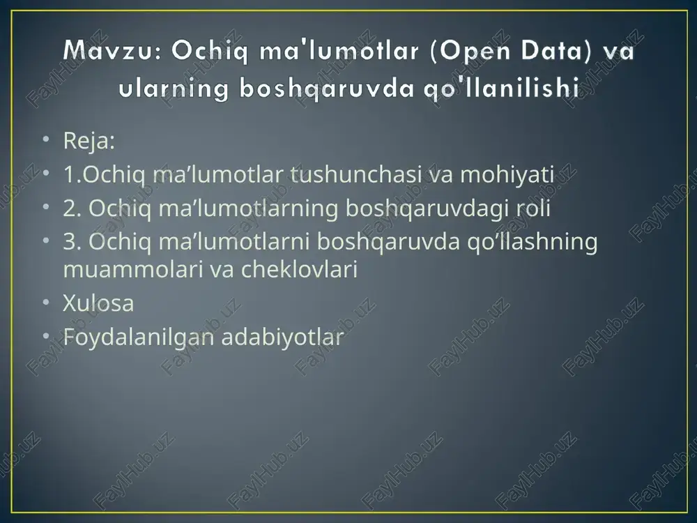 oaxborot texnologiyalari hamjamiyati va ochiq geodatalarni nashr etish portaliopendata. spb.uz toshkentda ochiq ma'lumotlar jamoat portali. ckan asosida.lat ochiqlik siyosatining yo'qligini kuzatotlar portali. portal shu yilning kuzida yoki undan oldin ochiladi.portalda 60 ta davlat hokimiyati organlarining ma'lumotlarini oshkor qilish rejalashtirilgan. endi quyidagi ma'lumotlar to'plamlari tayyor va tayyor: taksi registri yashil maydonlar reestri kesish chiptalari ma'lumotlari kapital ta'mirlash ob'ektlari reestri saylovchilar soni bo'yicha ma'lumotlar yo'l qurilishi ob'ektlari magistratura uchastkalarida ishlarni ko'rib chiqish to'g'risidagi ma'lumotlar fhdyo ma'lumotlaribenzin sifati ma'lumotlari meteo va atrof-muhit stantsiyalari ma'lumotlari sud ma'lumotlari-sudlarning protsessual va protsessual faoliyatidan tashqarida axborot-huquqiy munosabatlar sub'ektlarining mumkin bo'lgan, ruxsat etilgan va taqiqlangan xatti-harakatlari to'g'risida noaniqlikni olib tashlaydigan ma'lumotlar. "elektron adolat" - protsessual harakatlarni raqamli shaklda amalga oshirish qobiliyati va qobiliyati (bizning protsessual qonunchiligimizga o'zgartirishlar kiritilganda). chet el amaliyotiga kelsak, masalan, aqsh sud tizimi (davlat birlashgan sud tizimi) "elektron adolat" deganda, birinchi navbatda, sudlarga kirish, sud ishlari to'g'risida ma'lumot olish, hujjatlarni qidirish, ularni suddan va uning …