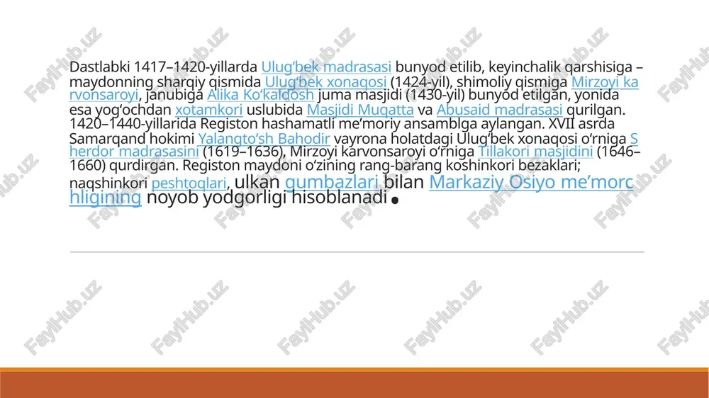 ttps://uz.wikipedia.org/w/index.php?title=masjidi_muqatta&action=edit&redlink=1 https://uz.wikipedia.org/w/index.php?title=masjidi_muqatta&action=edit&redlink=1 https://uz.wikipedia.org/w/index.php?title=abusaid_madrasasi&action=edit&redlink=1 https://uz.wikipedia.org/w/index.php?title=abusaid_madrasasi&action=edit&redlink=1 https://uz.wikipedia.org/w/index.php?title=abusaid_madrasasi&action=edit&redlink=1 https://uz.wikipedia.org/wiki/yalangto%ca%bbsh_bahodir https://uz.wikipedia.org/wiki/yalangto%ca%bbsh_bahodir https://uz.wikipedia.org/wiki/yalangto%ca%bbsh_bahodir https://uz.wikipedia.org/wiki/sherdor_madrasasi https://uz.wikipedia.org/wiki/sherdor_madrasasi https://uz.wikipedia.org/wiki/sherdor_madrasasi https://uz.wikipedia.org/wiki/sherdor_madrasasi https://uz.wikipedia.org/w/index.php?title=tillakori_masjidi&action=edit&redlink=1 https://uz.wikipedia.org/w/index.php?title=tillakori_masjidi&action=edit&redlink=1 https://uz.wikipedia.org/w/index.php?title=tillakori_masjidi&action=edit&redlink=1 https://uz.wikipedia.org/wiki/peshtoq https://uz.wikipedia.org/wiki/gumbaz https://uz.wikipedia.org/w/index.php?title=markaziy_osiyo_me%ca%bcmorchligi&action=edit&redlink=1 https://uz.wikipedia.org/w/index.php?title=markaziy_osiyo_me%ca%bcmorchligi&action=edit&redlink=1 https://uz.wikipedia.org/w/index.php?title=markaziy_osiyo_me%ca%bcmorchligi&action=edit&redlink=1 https://uz.wikipedia.org/w/index.php?title=markaziy_osiyo_me%ca%bcmorchligi&action=edit&redlink=1 https://uz.wikipedia.org/w/index.php?title=markaziy_osiyo_me%ca%bcmorchligi&action=edit&redlink=1 ulugʻbek madrasasi registon maydonidagi eng qadimgi madrasa boʻlib, 1417–1420-yillarda temuriylar davlati hukmdori, astronom mirzo ulu gʻbek tomonidan qurilgan. bu inshootning, biroz keyinroq rasadxonaning qurilishi samarqandga oʻrta asrda sharqning asosiy ilm-fan markazlaridan birining shuhratini keltirdi. madrasa registon maydonining gʻarbiy qismida qurilgan, uning roʻparasida bir necha yildan soʻng ulugʻbek xonaq